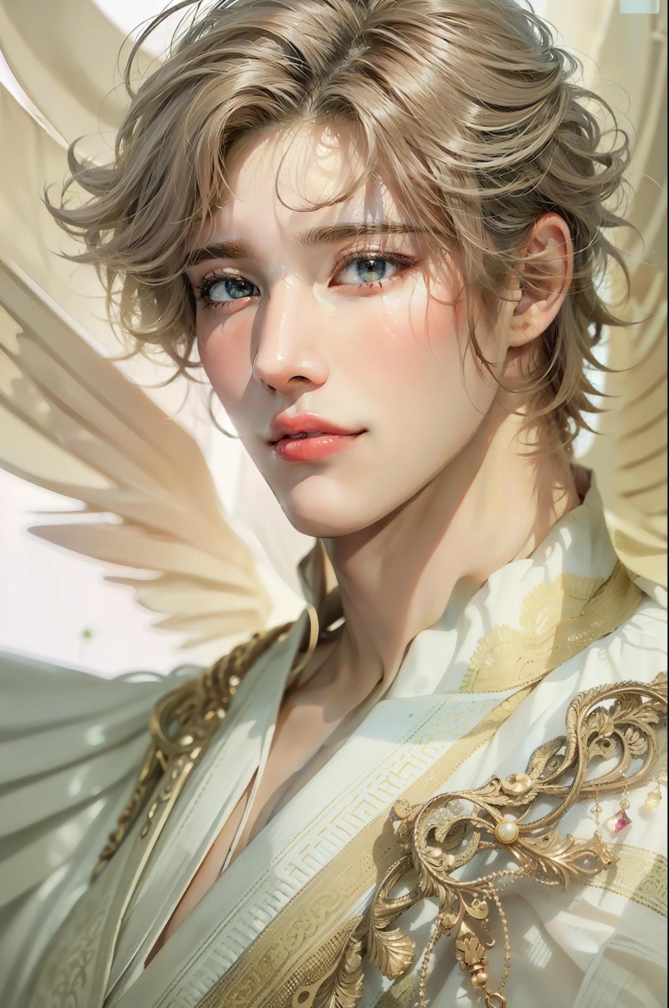 (masterpiece, ultra quality, high-res, 10, intricate: 1.2), (detailed face:1.2),Very handsome, Detailed skin , [Short Hair Hair],1Men,White prince dress, ((Realistic)), good lighting quality, Young Korean , ((pale skin)), balanced eyes,Angel 1 Wing,Beautiful shape,fascinating,angel,Light brown hair, prince of heaven,((Beautiful muscles)),Body Show , Nude