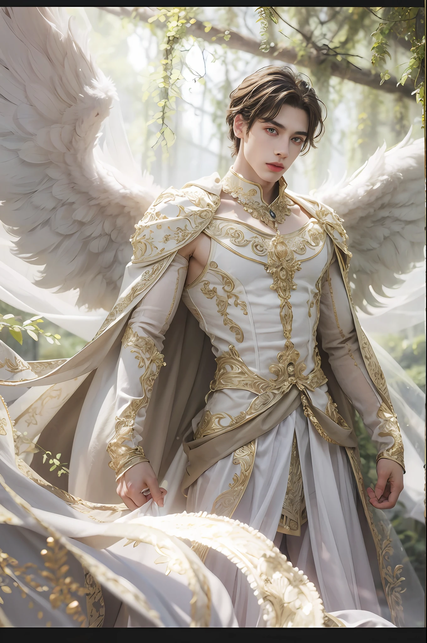 (masterpiece, ultra quality, high-res, 10, intricate: 1.2), (detailed face:1.2),Very handsome, Detailed skin , [Short Hair Hair],1Men,White prince dress, ((Realistic)), good lighting quality, Young Korean , ((pale skin)), balanced eyes,Angel 1 Wing,Beautiful shape,fascinating,angel,Light brown hair, prince of heaven,((Beautiful muscles)),Body Show , sexy people