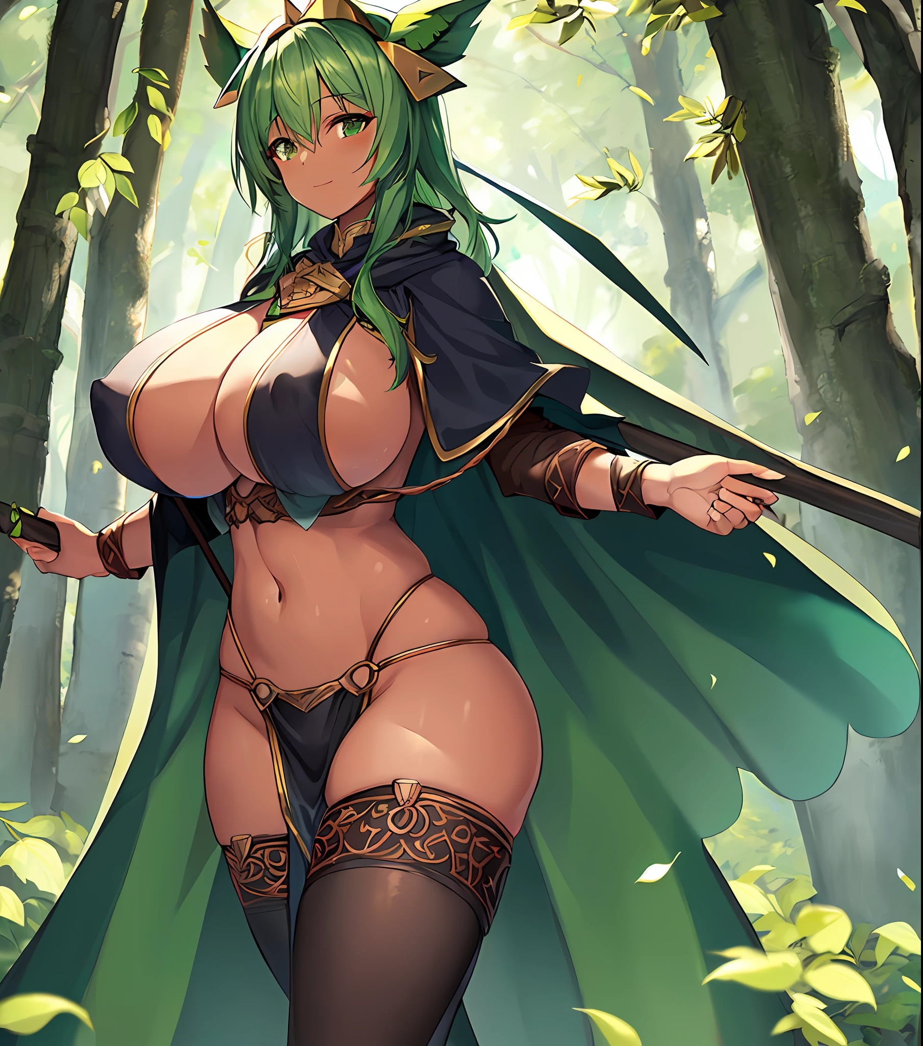 fantasy, 1forest_elemental_girl, tiny,(dark_skin)0.9, (using_leaves_clothes, green_leaves_covered_breasts, leaves_covered_pussy,covered_nipples)+++,(gigantic_heavy_tits:1.1), walking, (smile, sleepy)+, medium_hair, navel oil, (winding_vine_around_torso)++, forest_background, leaves_headgear, green_leaves_cape, spread_arms, large_staff, leaves_thighhighs, big_ass,solo,(pelvic_curtain:0.9), tabard,