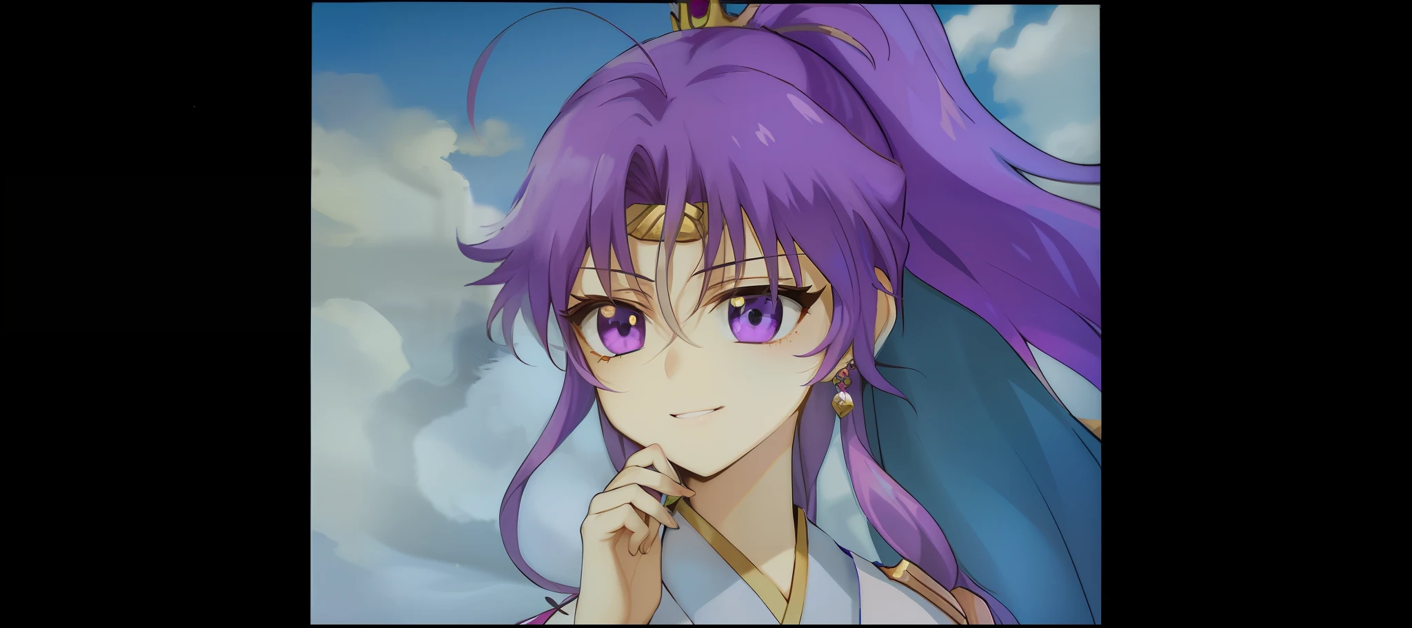 A close-up of a man with purple hair and purple clothing, knights of zodiac girl, Portrait Chevaliers du Zodiaque Fille, rei hino as a princess, the goddess artemis smirking, glamorous angewoman digimon, inspired by Matsumura Goshun, maya ali as a wind mage, yami kawaii。