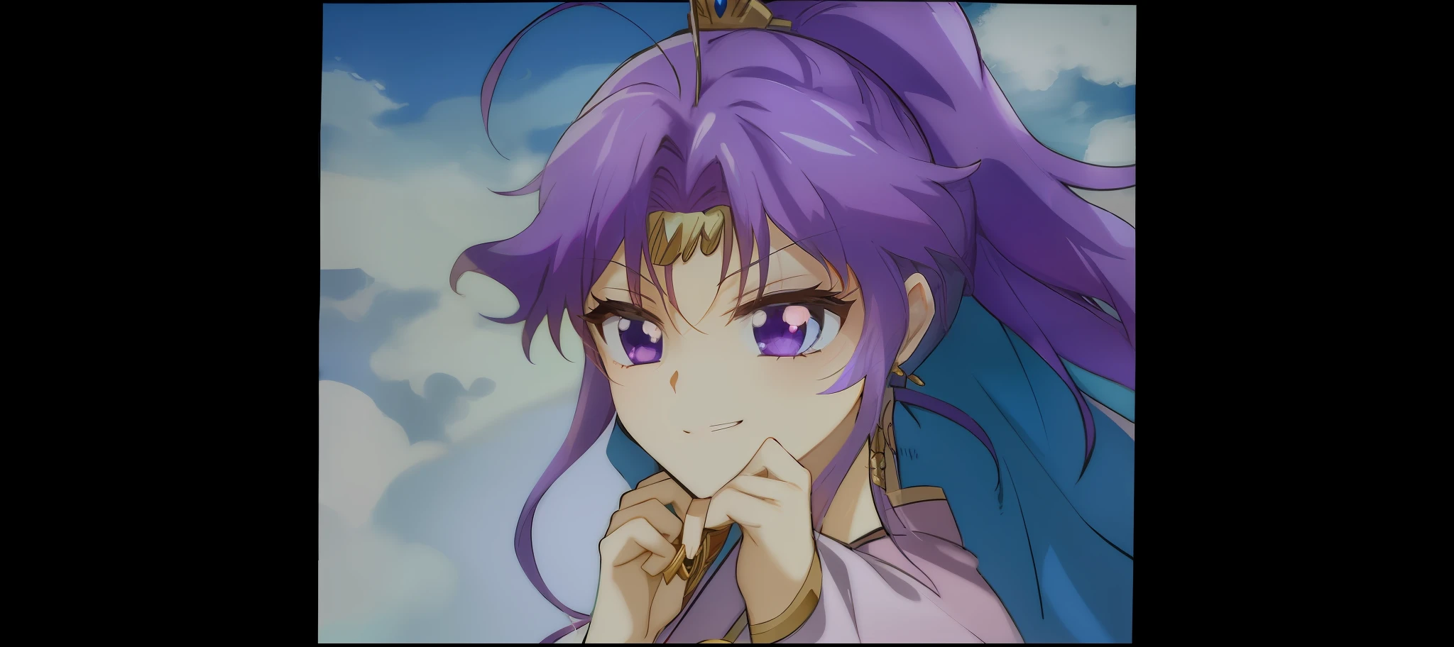 A close-up of a man with purple hair and purple clothing, knights of zodiac girl, Portrait Chevaliers du Zodiaque Fille, rei hino as a princess, the goddess artemis smirking, glamorous angewoman digimon, inspired by Matsumura Goshun, maya ali as a wind mage, yami kawaii。