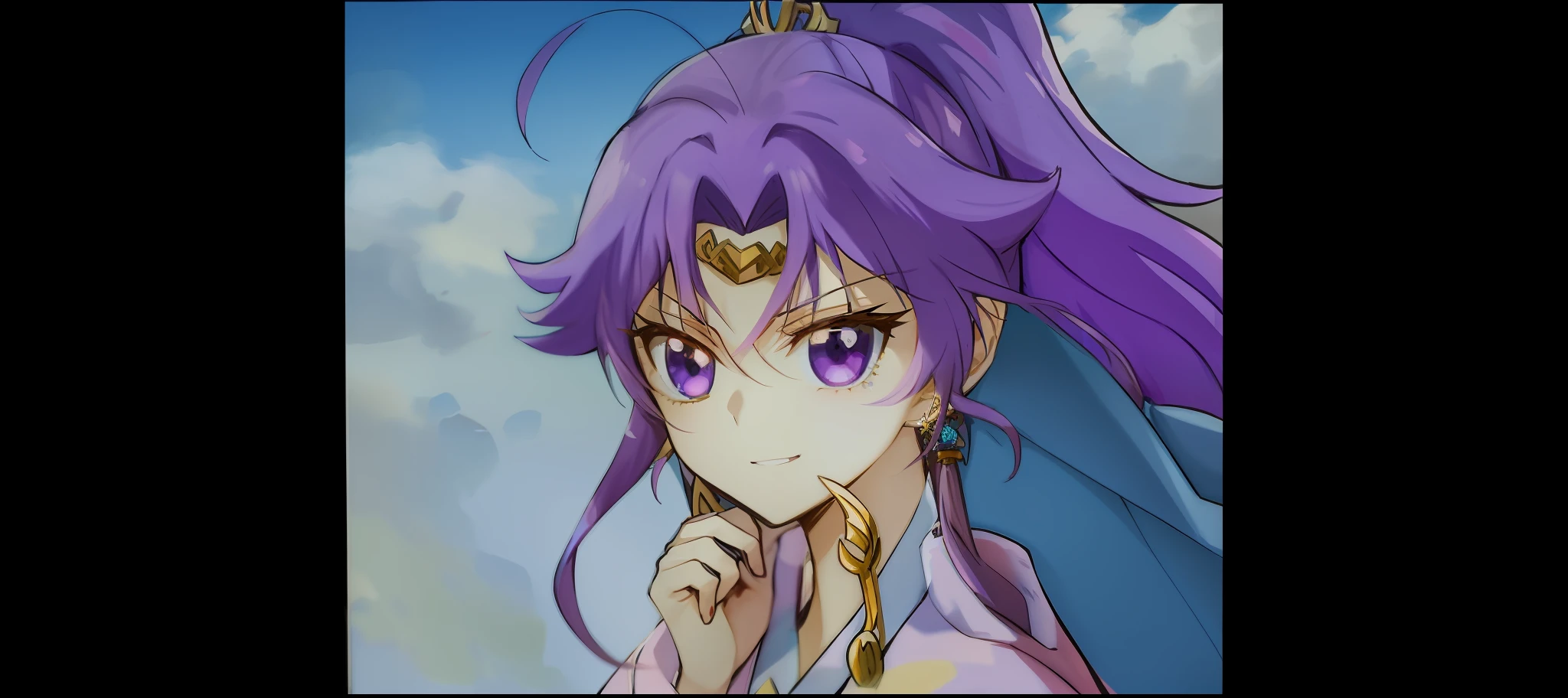 A close-up of a man with purple hair and purple clothing, knights of zodiac girl, Portrait Chevaliers du Zodiaque Fille, rei hino as a princess, the goddess artemis smirking, glamorous angewoman digimon, inspired by Matsumura Goshun, maya ali as a wind mage, yami kawaii。
