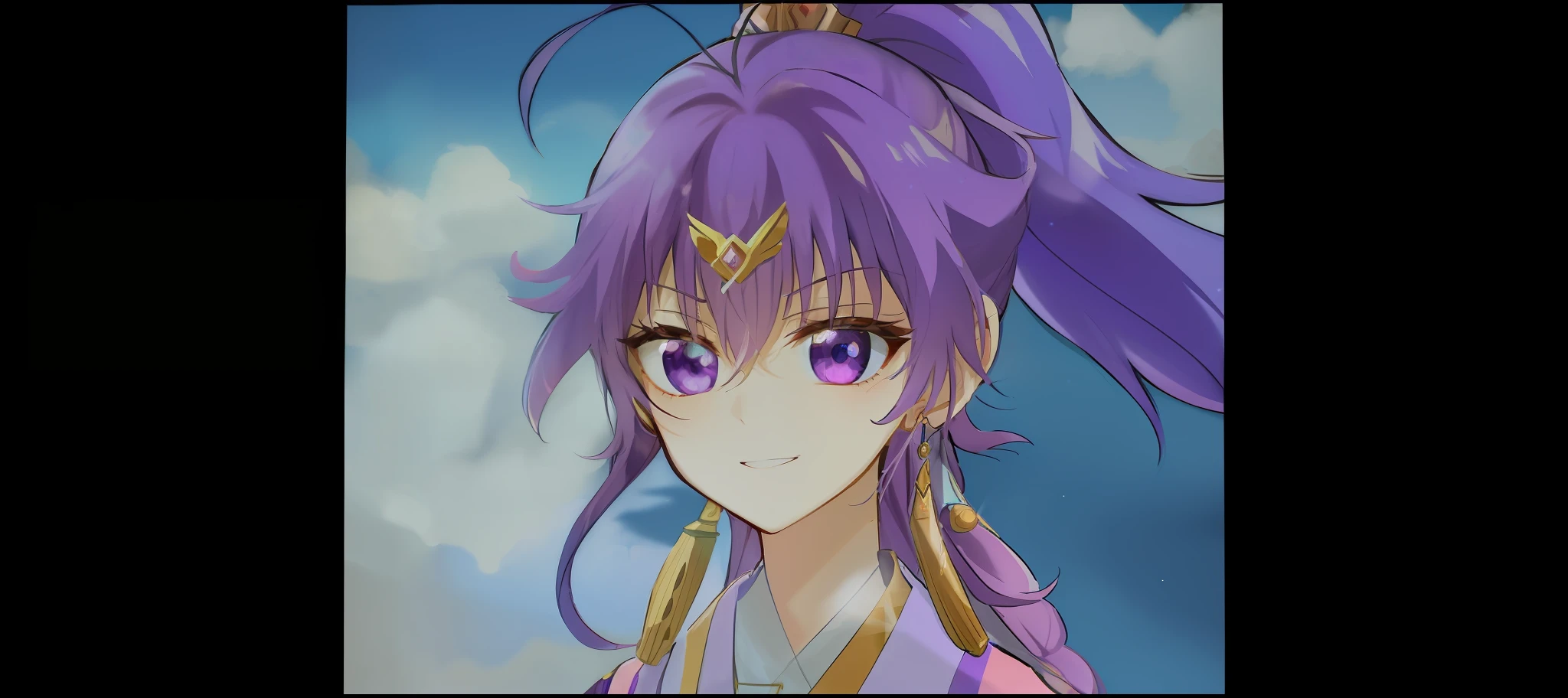A close-up of a man with purple hair and purple clothing, knights of zodiac girl, Portrait Chevaliers du Zodiaque Fille, rei hino as a princess, the goddess artemis smirking, glamorous angewoman digimon, inspired by Matsumura Goshun, maya ali as a wind mage, yami kawaii。