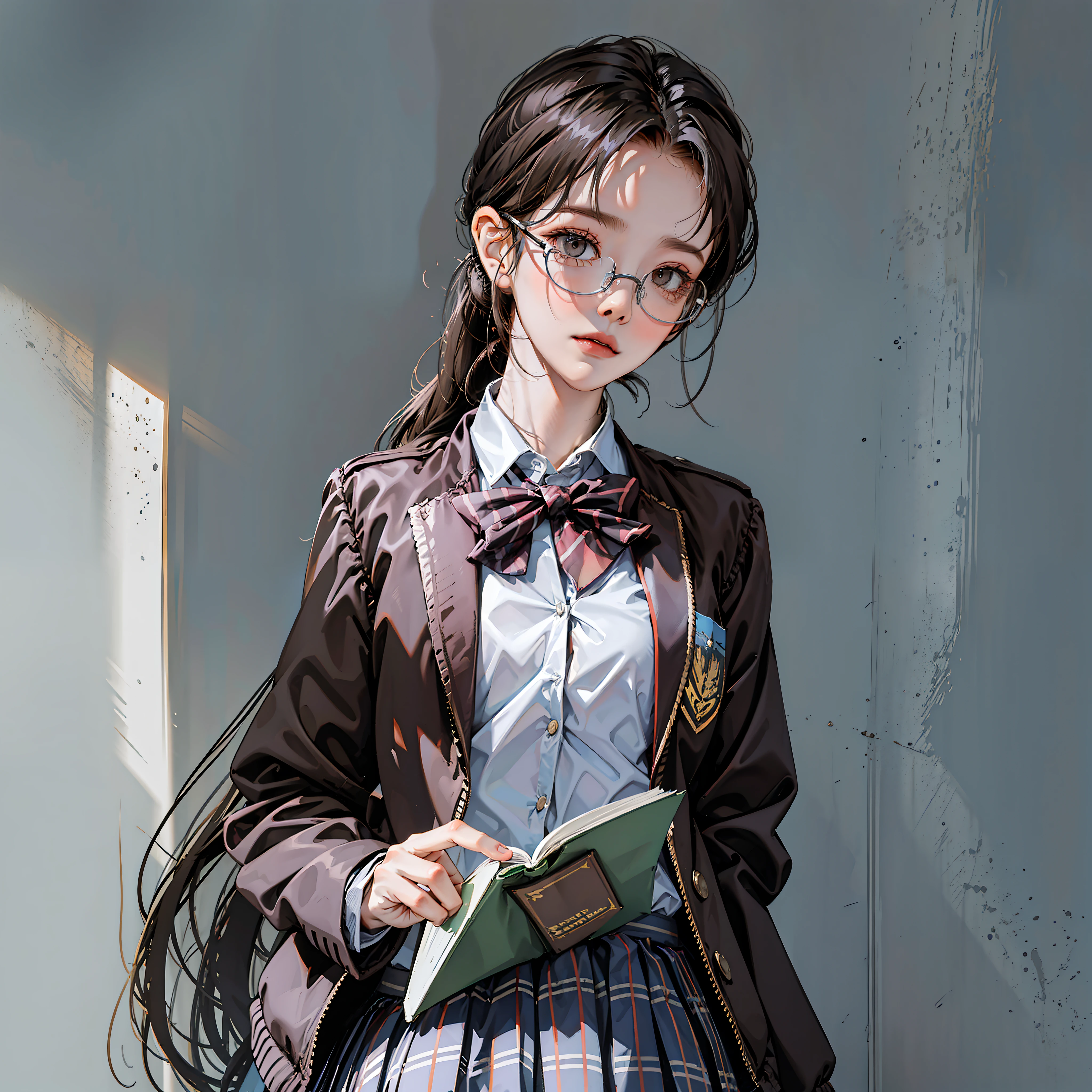 kr-pny, Outrageously long ponytail, Parted bangs, Dress school uniform, Dark gray open jacket, Dark gray blazer, Pleated skirt, plaid skirts, circle glasses, Reading a book, Shy and quiet girl, looking at the distance, Extremely detailed hair, intricately details, tmasterpiece, Best quality,  The upper part of the body, realisticlying，Need