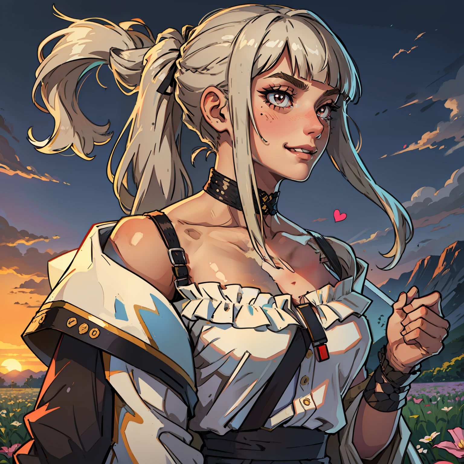 Female,spy,agent,Moles under eyes,long eyelasher,pupils sparkling,Snake pupils,Heart-shaped pupils,Closed mouth,Stick out her tongue,Pout,Light smile,Seductive smile,grin,fake smile,nose blush,hair over shoulders,Long hair,Blonde hair,Silver hair,whaite hair,Brown hair,bangs,Blunt bangs,Braided bangs,Asymmetrical bangs,short ponytail hair,Side ponytail,High ponytail,Straight hair,bob hair,Lace trim,Transparent clothes,White shirt,Clear jacket,JK,frilld,Lace,Bare_bshoulders,Off_Shoulder,indian style,ahirusuwari,standing,Stretch,pray,in summer,Sunset,Sun,flower  field,flower  sea