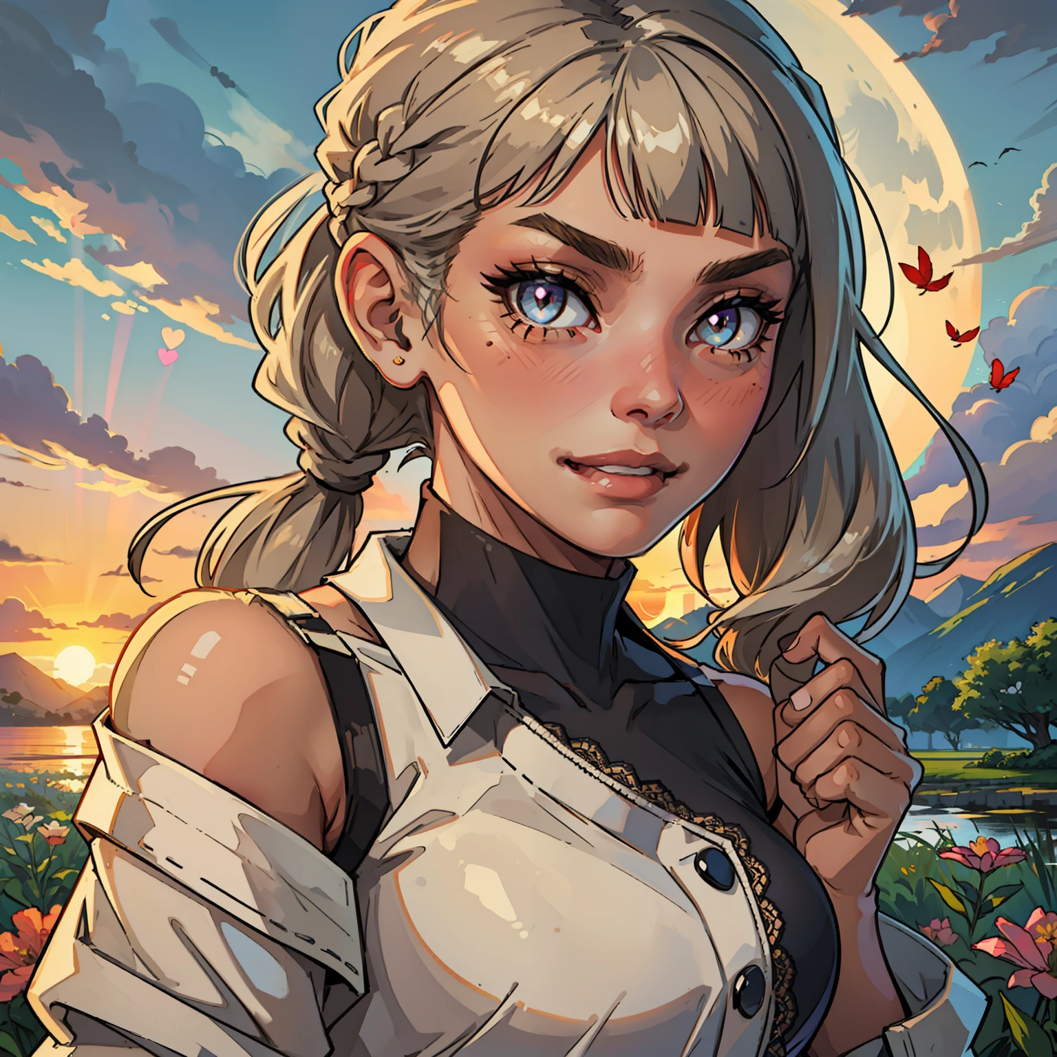 Female,spy,agent,Moles under eyes,long eyelasher,pupils sparkling,Snake pupils,Heart-shaped pupils,Closed mouth,Stick out her tongue,Pout,Light smile,Seductive smile,grin,fake smile,nose blush,hair over shoulders,Long hair,Blonde hair,Silver hair,whaite hair,Brown hair,bangs,Blunt bangs,Braided bangs,Asymmetrical bangs,short ponytail hair,Side ponytail,High ponytail,Straight hair,bob hair,Lace trim,Transparent clothes,White shirt,Clear jacket,JK,frilld,Lace,Bare_bshoulders,Off_Shoulder,indian style,ahirusuwari,standing,Stretch,pray,in summer,Sunset,Sun,flower field,flower sea