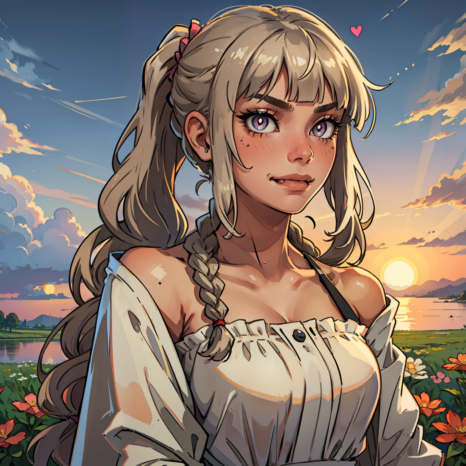 Female,spy,agent,Moles under eyes,long eyelasher,pupils sparkling,Snake pupils,Heart-shaped pupils,Closed mouth,Stick out her tongue,Pout,Light smile,Seductive smile,grin,fake smile,nose blush,hair over shoulders,Long hair,Blonde hair,Silver hair,whaite hair,Brown hair,bangs,Blunt bangs,Braided bangs,Asymmetrical bangs,short ponytail hair,Side ponytail,High ponytail,Straight hair,bob hair,Lace trim,Transparent clothes,White shirt,Clear jacket,JK,frilld,Lace,Bare_bshoulders,Off_Shoulder,indian style,ahirusuwari,standing,Stretch,pray,in summer,Sunset,Sun,flower field,flower sea