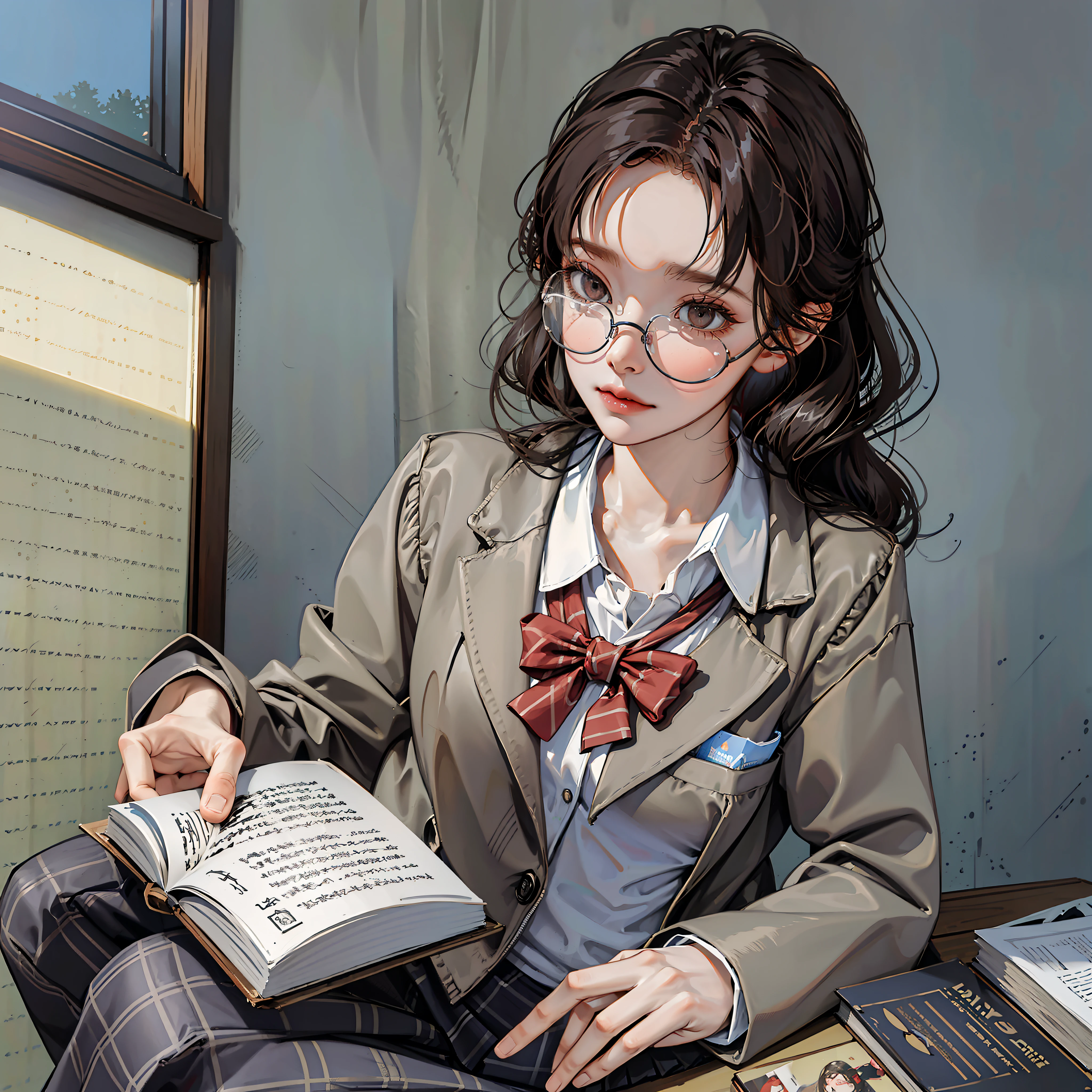 kr-pny, Outrageously long ponytail, Parted bangs, Dress school uniform, Dark gray open jacket, Dark gray blazer, Pleated skirt, plaid skirts, circle glasses, Reading a book, Shy and quiet girl, looking at the distance, Extremely detailed hair, intricately details, tmasterpiece, Best quality,  The upper part of the body, realisticlying，Need