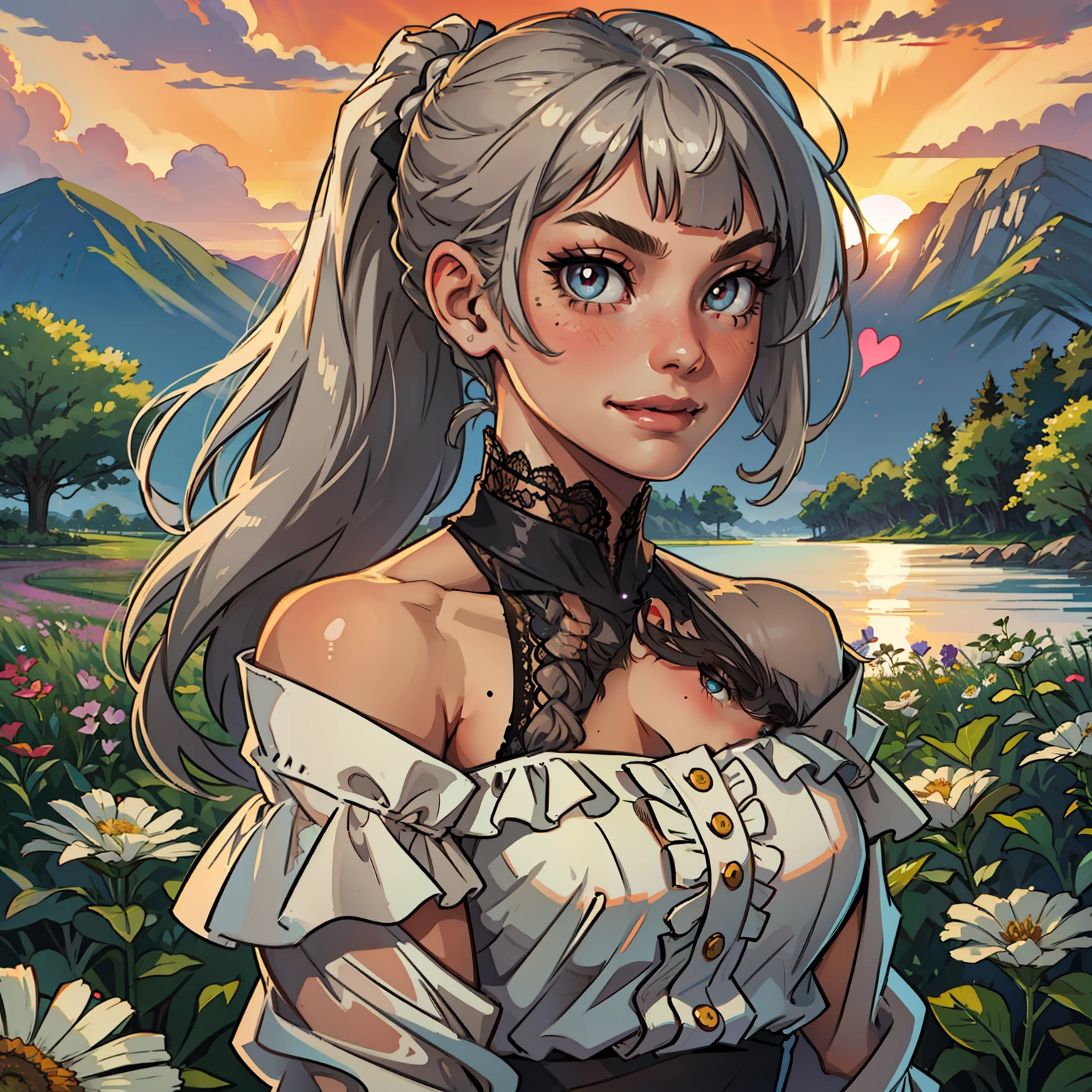female,spy,agent,mole under eye,longeyelashes,pupils sparkling,snake pupils,heart-shaped pupils,closed mouth,sticking out tongue,pout,light smile,seductive smile,grin,smirk,nose blush,hair over shoulder,long hair,blonde hair,silver hair,grey hair,brown hair,bangs,blunt bangs,braided bangs,asymmetrical bangs,short ponytail,side ponytail,high ponytail,straight hair,bob hair,lace trim,transparent clothes,white shirt,see-through jacket,JK,frills,lace,bare_shoulders,off_shoulder,indian style,ahirusuwari,standing,stretch,pray,in summer,sunset,sun,flower field,flower sea --auto