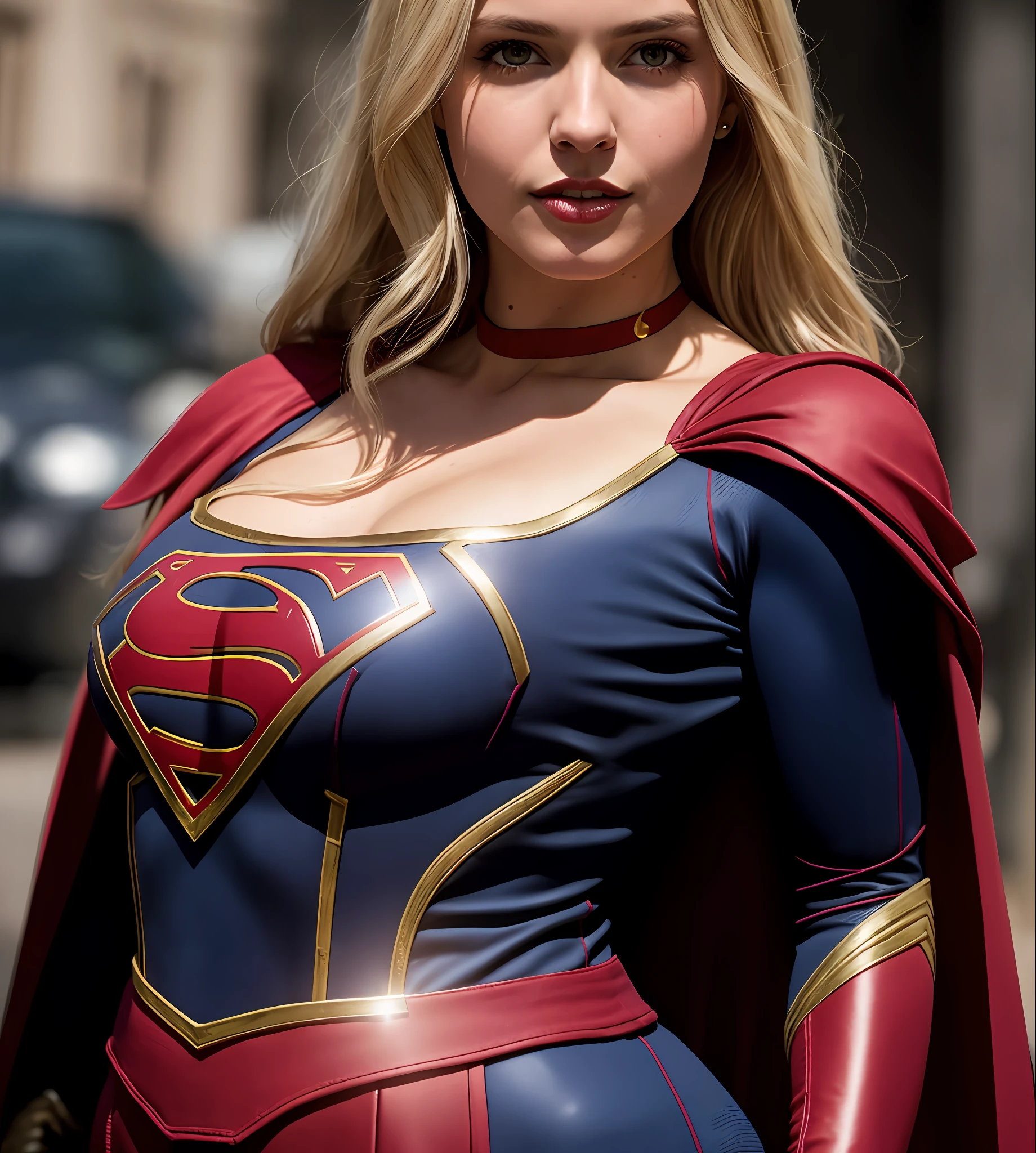 supergirl costume, a photo of blonde woman, ((detailed face)), ((canon m50)), ((award-winning)), (high detail), Sharp, 8k, Cinematic lighting, soft lighting, greg rutkowski, trend in artstation, intricate, gothic clothes, victoria secret, neckline, tight breasts, corselet