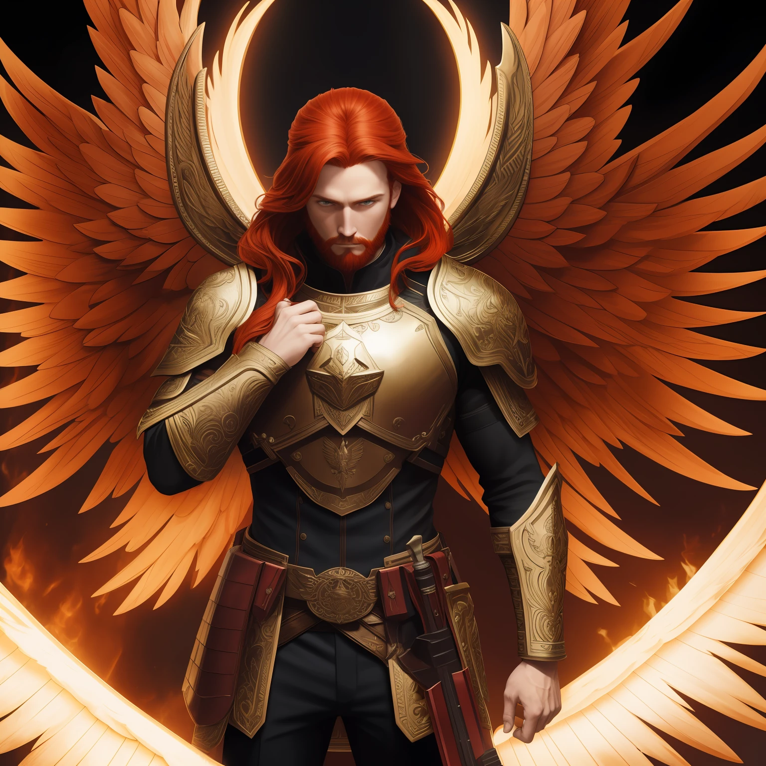 (masterpiece, best quality, ultra-detailed, extremely detailed) A red-haired man with wings and a halo, vestindo uma armadura reluzente, empunhando espadas poderosas, Mastering the darkness.