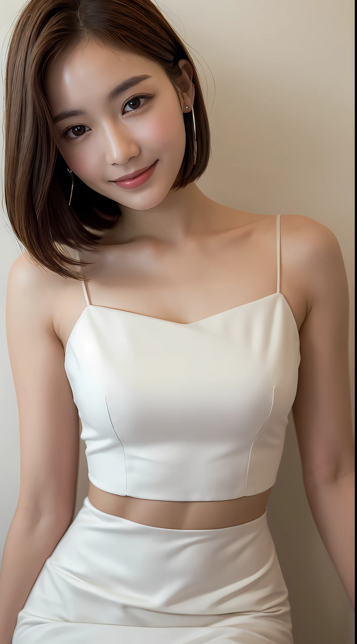 ((Best Quality, 8K, Masterpiece: 1.3)), 1 Girl, Slim Abs Beauty: 1.3, (Hairstyle Brown Hair Shortcut, Big: 1.2), Dress: 1.1, Super Slender Face, Delicate Eyes, Double Eyelids, Smile, Home, Raw Photo