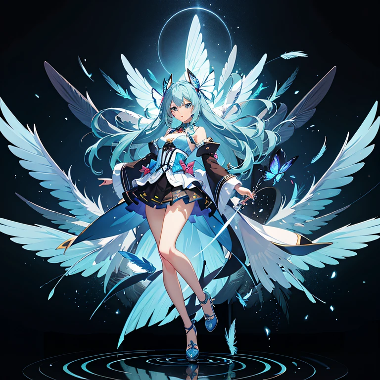 blue hair,Blue eyes,mid hair,Butterfly hair ornaments,adolable,quadratic element,chiquita,Mainly anime style,Anime art style, anime style character,,Background bokeh,Full body standing painting,Blue wind,校服,leg loops,Birds are anthropomorphic,Ear feathers,tmasterpiece, Complicated details, Best quality at best, color difference,white backgrounid