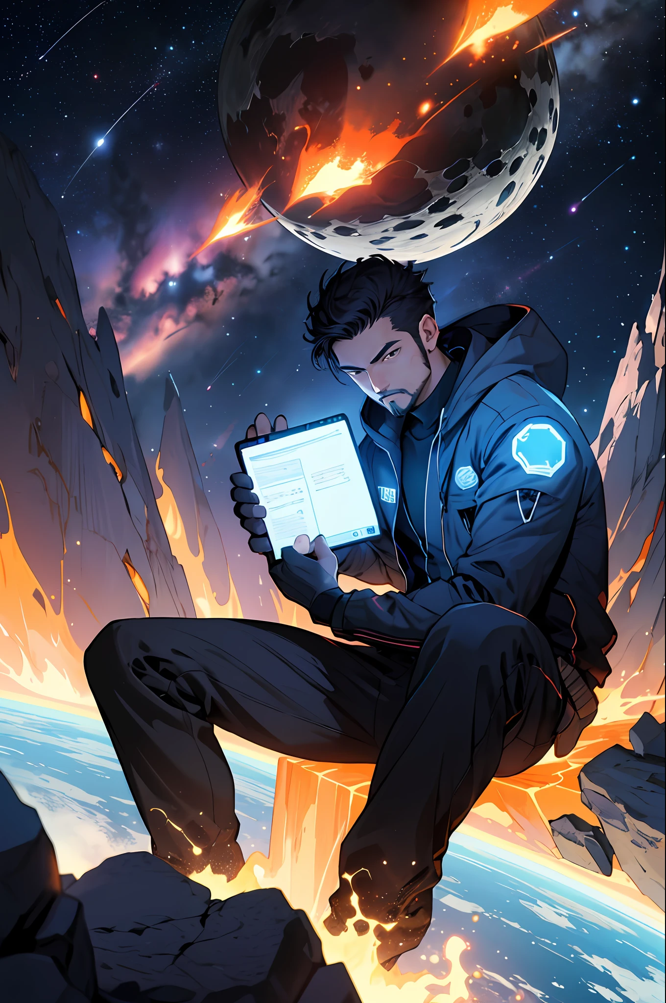Draw a young programmer, sitting on a research platform floating in the middle of an asteroid belt. He is studying with a notebook, surrounded by several asteroids glowing with fiery auras. Dramatic lighting from distant stars and planets illuminates the scene, casting deep shadows on the suit. The young man looks confident and determined, looking at the vast and mysterious universe with wonder and respect,facial hair, cowboy shot,