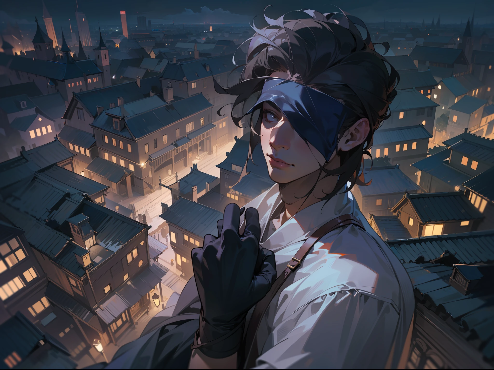 (((Masterpiece))),(((Best quality))),(((Amazing detail))),((illustration)),((A high resolution)),((8K)),((Anatomically correct)),midnight,1male people,updo,Assassin uniform,masked,Run on the roof,Moonlight,Realistic,Chiaroscuro,Perfect hands,Motion blur,White eyes,