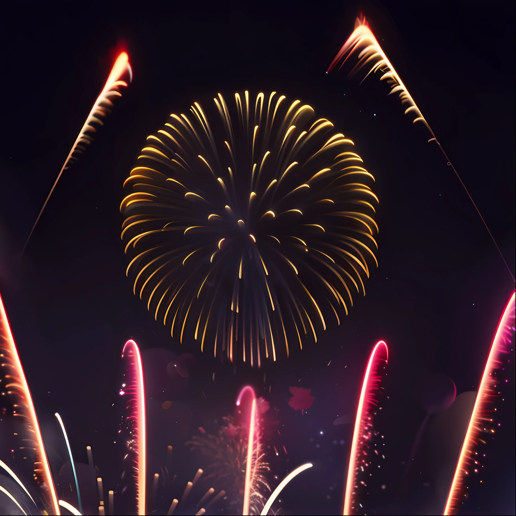 wonderfull photography of fireworks at the dark sky, fireworks are lit up in the night sky with a large display, fireworks, firework, firework smoke trails, fireworks in background, pyrotechnics, fireworks in the background, flares anamorphic, [ fireworks in the sky ]!!, houdini particles, fireworks on the background, xparticles, 4 k cinematic octane render, fiery particles, cycles4d render