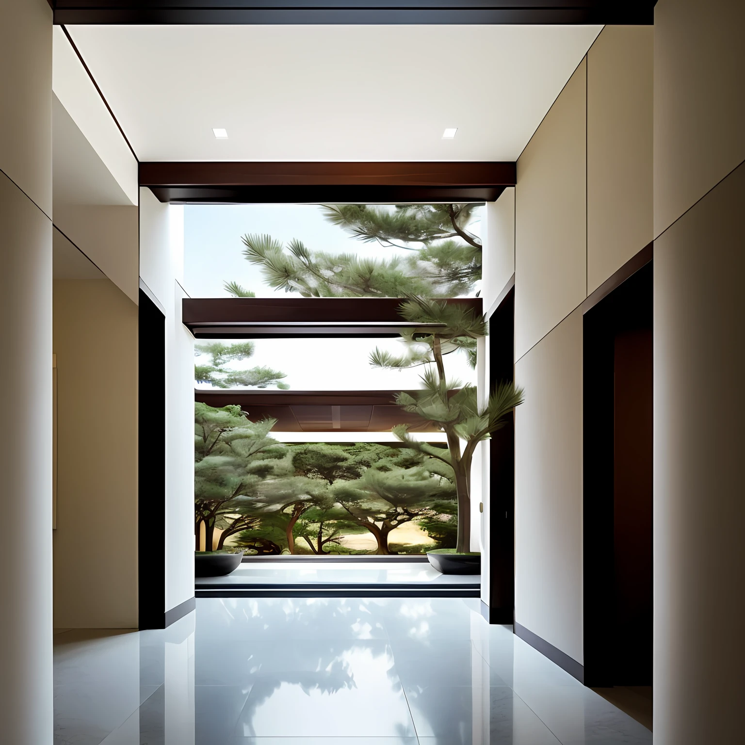 Colonnade space, Song aesthetics, Hotel Lobby, Minimalist space, Japanese courtyard, There is a pine tree in the distance, Surrealism, high detail, Conceptual art, modern, Minimalism, chiaroscuro, cinematic lighting, anaglyph, first-person view, lens flare, overexposure, UHD, masterpiece, highres, high details, high quality --auto