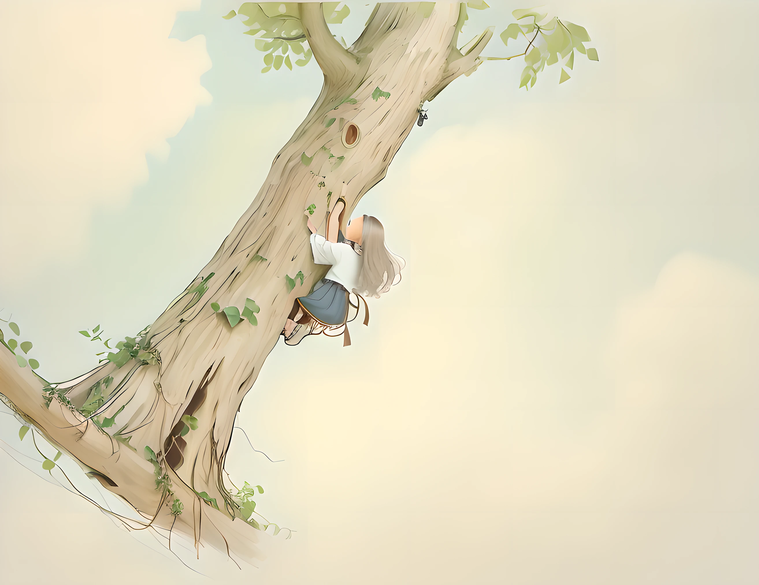 There is one girl,15year old,Quietly hide behind big trees, Climbing a tree, Sitting on a tree, Children's book illustration, children's book illustrations, on trees, children's book illustrations, children's book illustrations, children's book illustrations, A beautiful artwork illustration, storybook illustrations, storybook illustrations, leaping from babaob tree