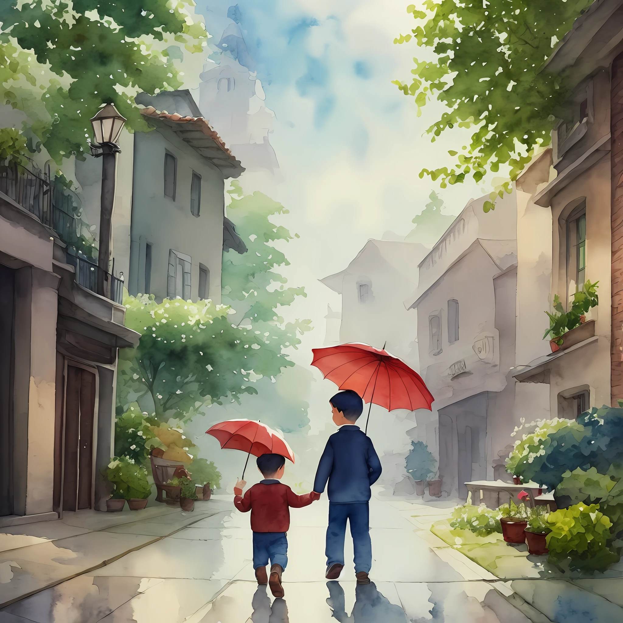 Cute picture book style illustration wind rain laughing cute boy boy with umbrella in town Watercolor --auto