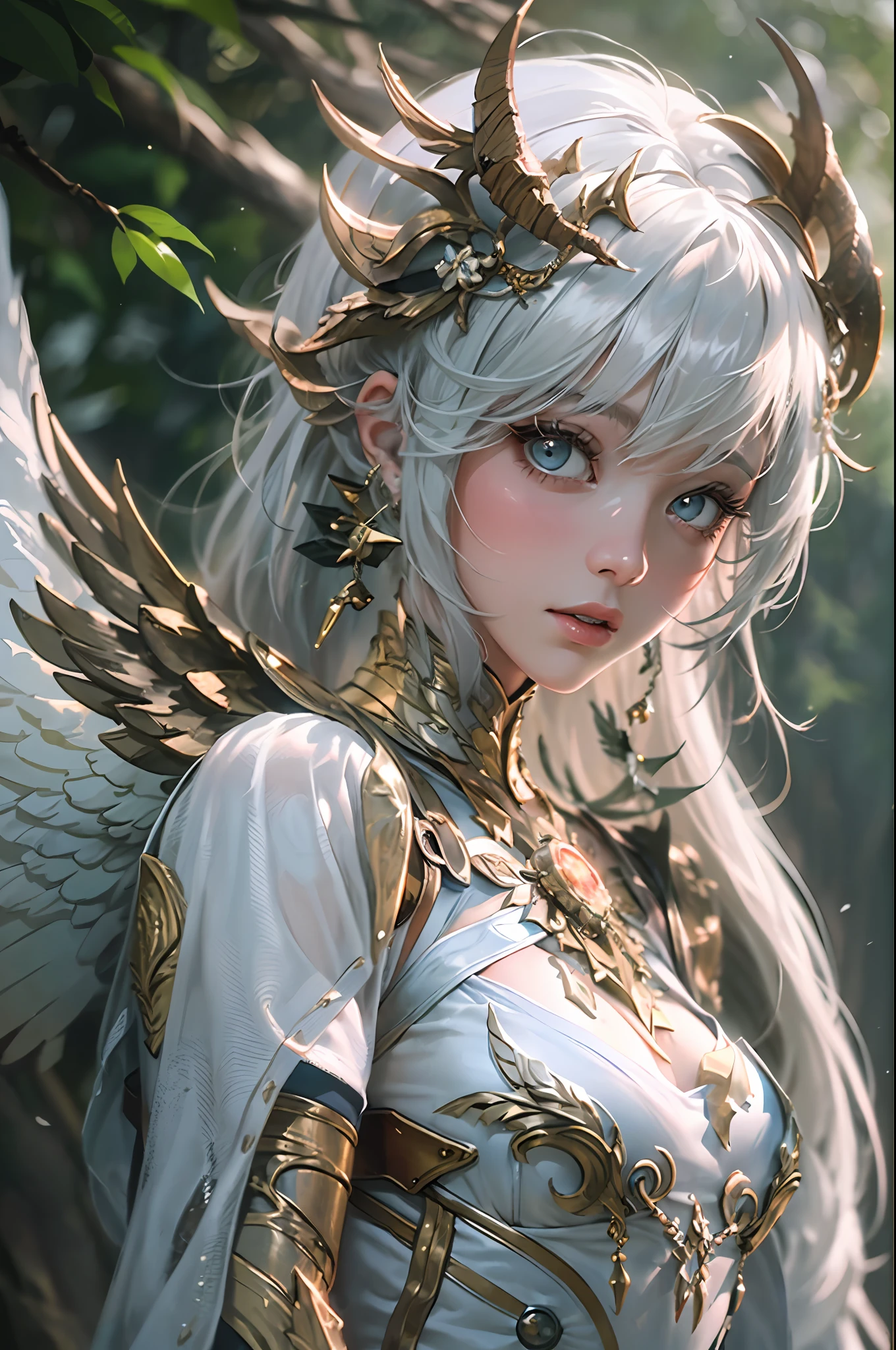 (top-quality、8K、32K、masterpiece、nffsw:1.3)、(Photorealsitic:1.4)、Raw photography, ciinematic light,(actionpose:1.4)、(dark shot:1.4)、Platinum White Hair、Beautiful angel covered with jewels、In the dark forest、The tree々Sunlight penetrates、Highly detailed bronze armor、verd s eyes、Broken Angel Wings、、lensflare、Shading by sunlight、8 class large、thicc body、Add depth to images with backlight effects、 perfect anatomia、