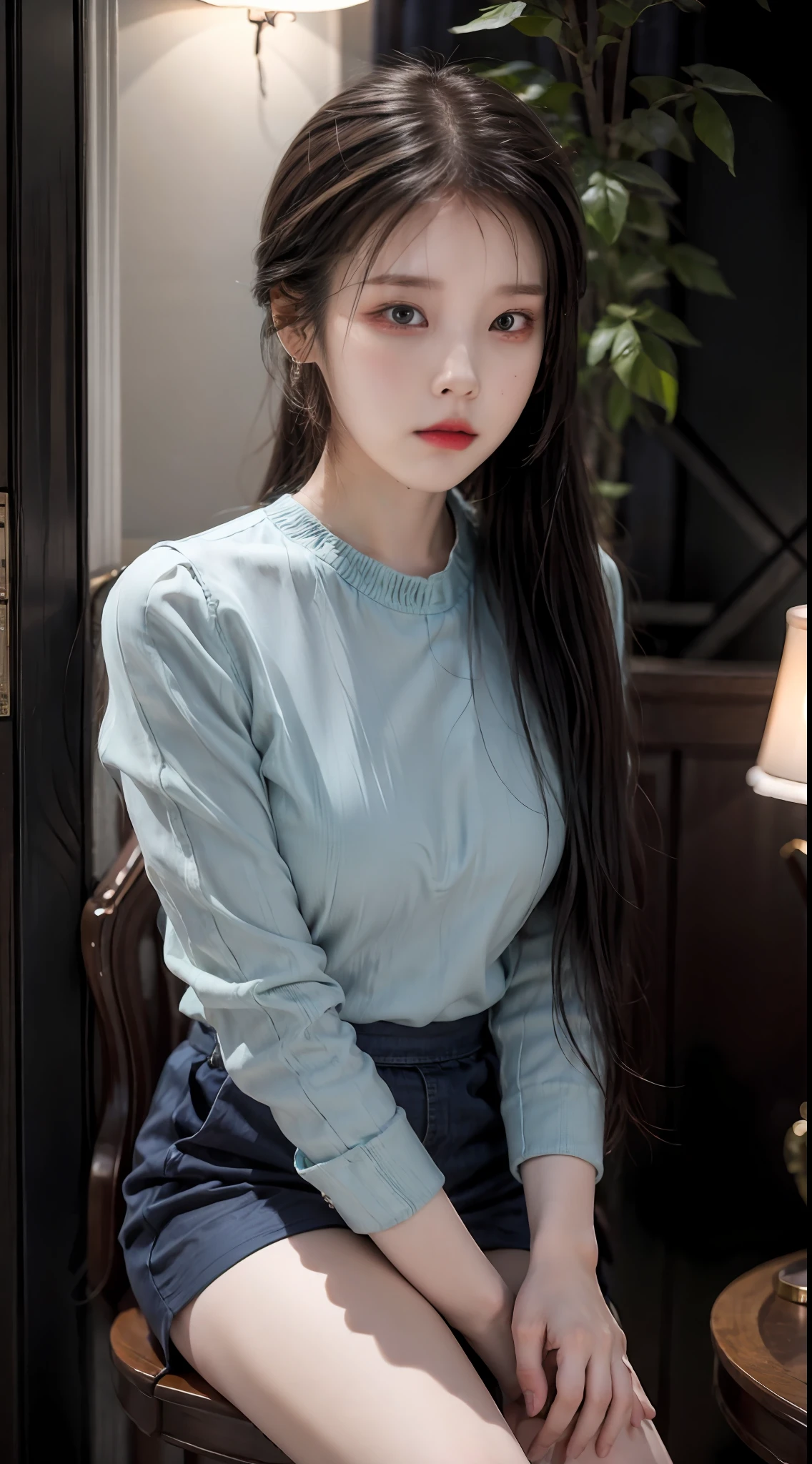 IU, Beautiful girl, 独奏,(brunette color hair),pony tails,T-shirt skirt (looking at the camera in), tmasterpiece, best qualtiy, (photograph realistic:1.2)Dreamy background