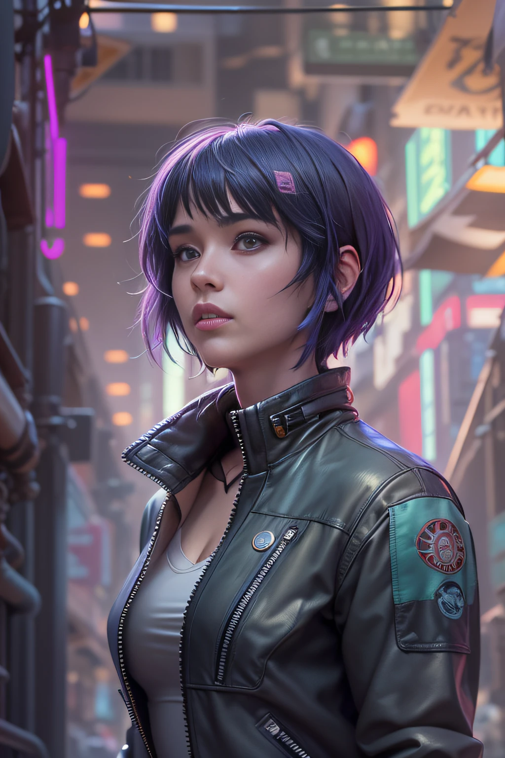 (Motoko Kusanagi as Jessica Alba.Sporty woman with short purple hair. She is wearing a (Big)) Futuristic sand-colored Japanese army jacket made of dense material. Black leggings and military boots) (movie footage ((Ghost in the Shell)) If it was filmed by director James Cameron in 1996 )) ((Casual clothing and image details correspond to the original manga.)) a 3D render, rendering by octane, intricately details, Cinematic, Background farmers market style James Cameron, trending on artstationh, isometry, Realistic shotgun, Centered hipereallistic cover photo, Awesome full color, handpainted, Dark, grittiness, Mucha, Klimt, erte 12k, High definition, Cinematic, neoprene, behance contest winner, portrait featured on unsplash, Stylized digital art, smooth, hyper HD, 8K, Unreal Engine 5, super sharp focus, masterpiece of intricate artwork, has cleavage