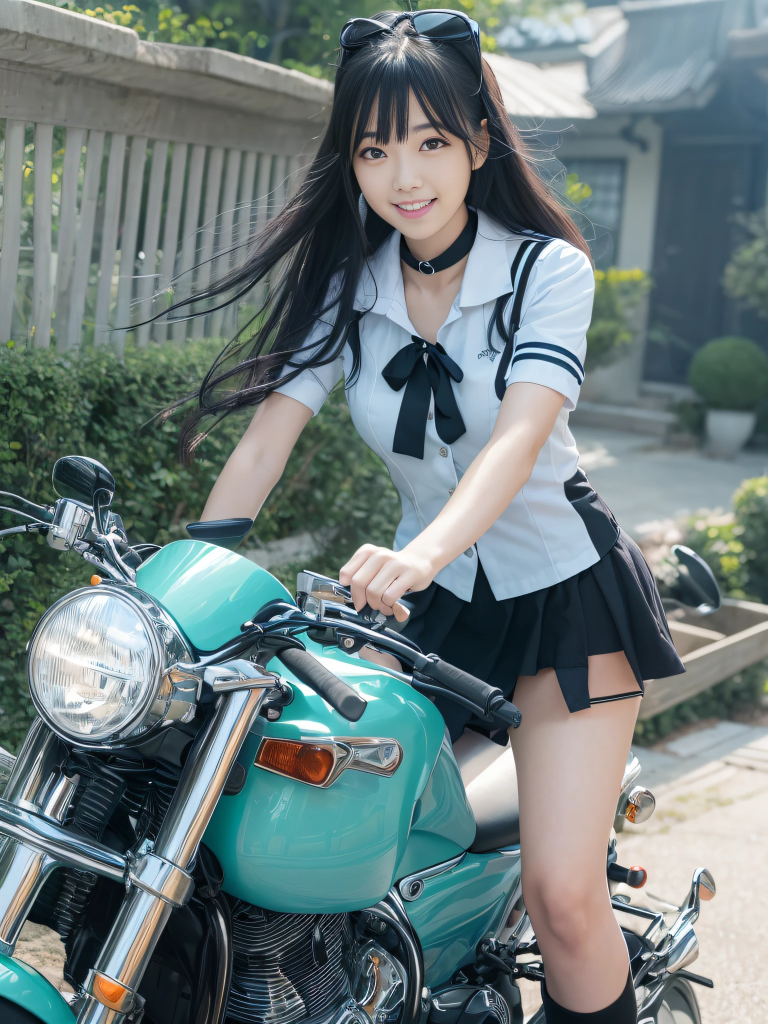 top-quality、超A high resolution、女の子1人、Light blue sailor suit、a miniskirt,(huge-breasted:1.2)、Black boots, riding on motorcycle, long black hair,poneyTail, Photo, Residential area,Live Action,japanes,独奏,Beautiful expression,Wearing black tights,beautiful smiling face,perfect body type,Black choker,Live Action,No logo,No letters,Wearing black stockings