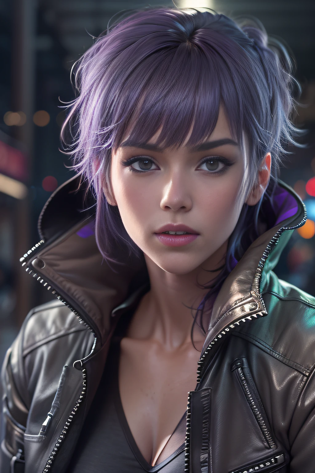 (Motoko Kusanagi as Jessica Alba.Sporty woman with short purple hair. She is wearing a (Big)) Futuristic sand-colored Japanese army jacket made of dense material. Black leggings and military boots) (movie footage ((Ghost in the Shell)) If it was filmed by director James Cameron in 1996 )) ((Casual clothing and image details correspond to the original manga.)) a 3D render, rendering by octane, intricately details, Cinematic, Background farmers market style James Cameron, trending on artstationh, isometry, Realistic shotgun, Centered hipereallistic cover photo, Awesome full color, handpainted, Dark, grittiness, Mucha, Klimt, erte 12k, High definition, Cinematic, neoprene, behance contest winner, portrait featured on unsplash, Stylized digital art, smooth, hyper HD, 8K, Unreal Engine 5, super sharp focus, masterpiece of intricate artwork, has cleavage