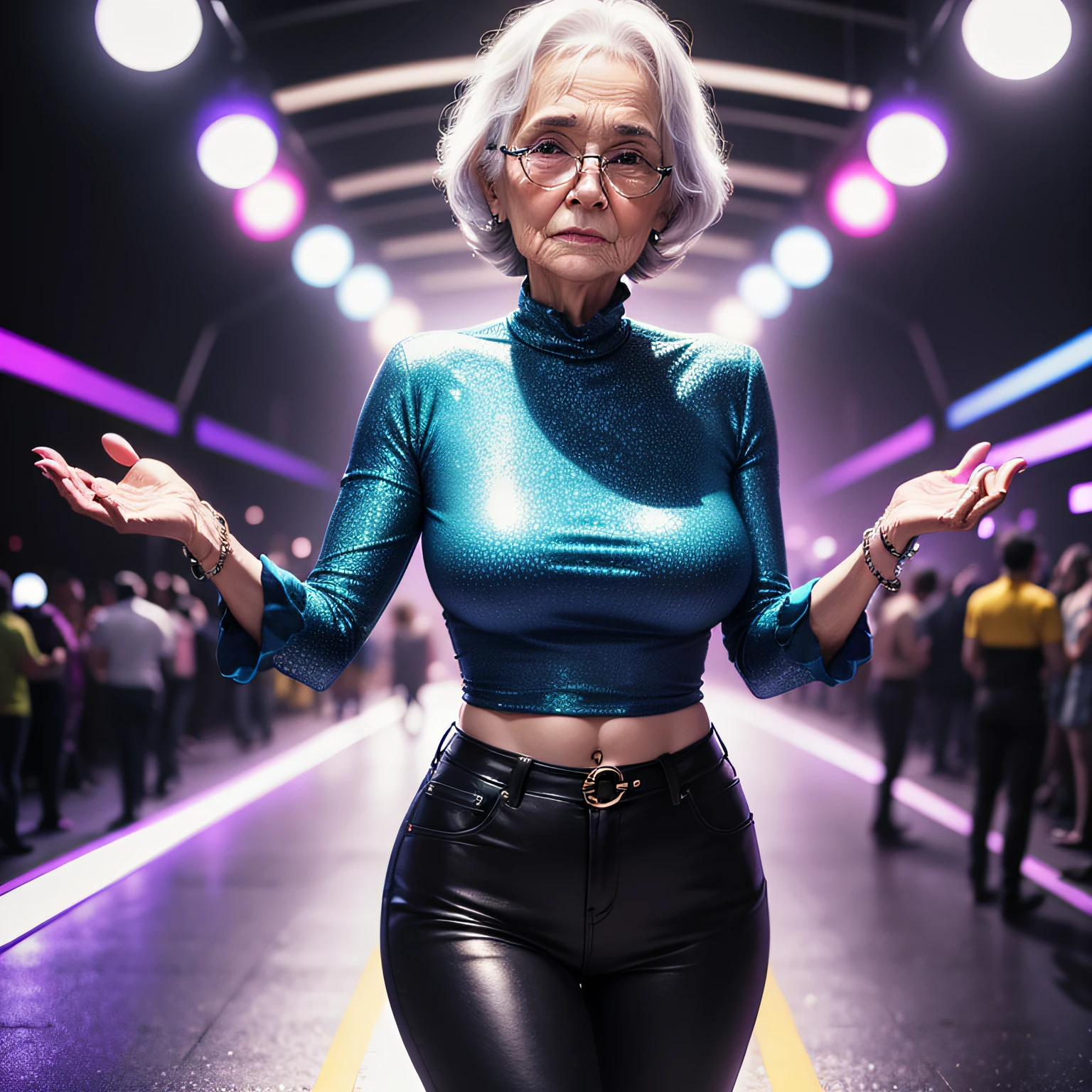 An old woman goes to disco with bellbottoms and matching top at night. --auto