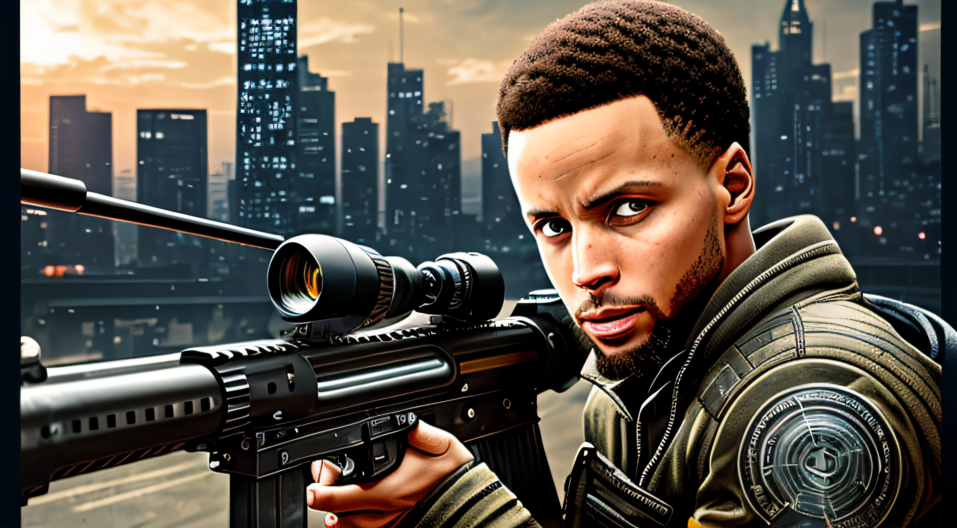 Stephen Curry，cyber punk style，Sniper rifle in hand，（（Complicated details）），hdr，（（Complicated details，ultra - detailed）），Cinema lenses，vignet --auto