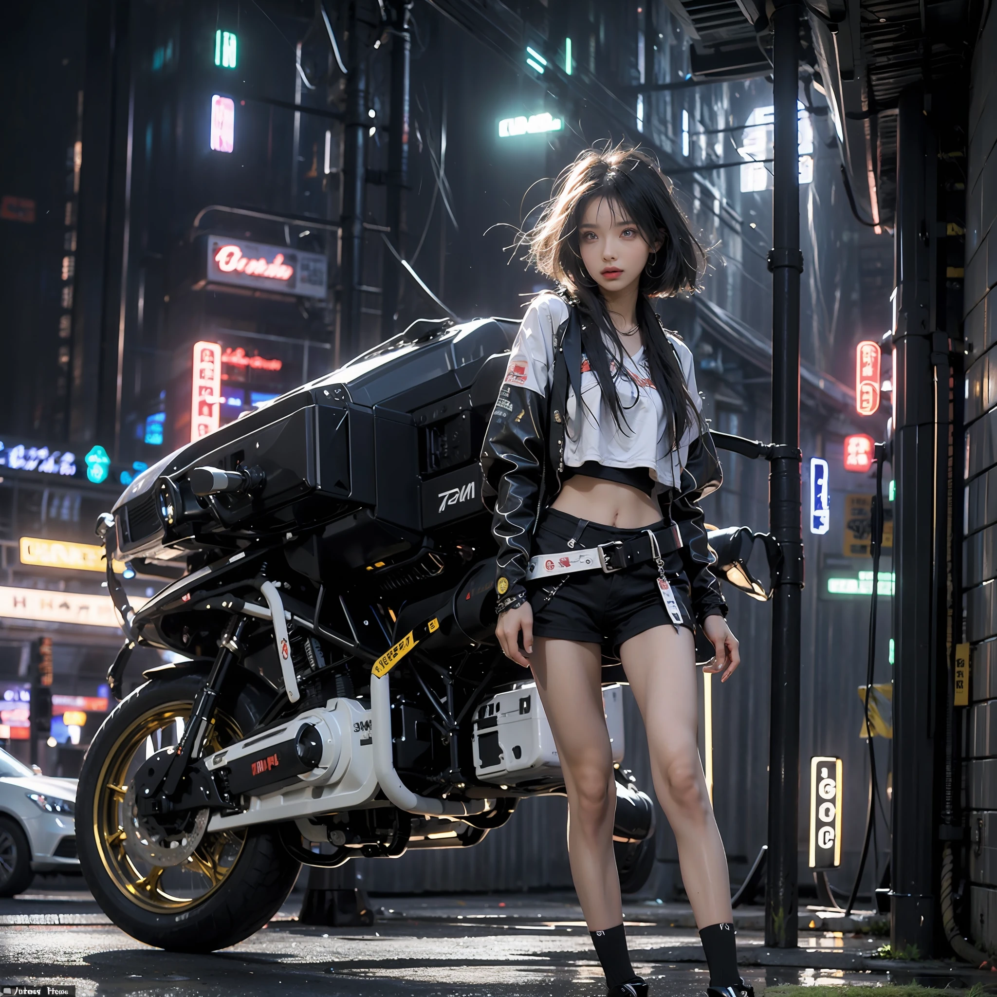 Glowing:1.2, high definition 4k, Neon lights, 1girll:1.2,8K,Cyberworld,Cyberpunk,futurism,RAW photo, Detailed face, ++, F22, Beautiful symmetrical face, Cute natural makeup, elegant, Feminine, Highly detailed, Intricate, Sharp focus, centered image composition, professional color graded, +, high definition 4k, 8K, mechs,Mechanical arms,locomotive,A normal face:1.2,HD faces:1.1,Normal eyes,A clear face,Real,Super realistic,Full body photo of girl:1.5,