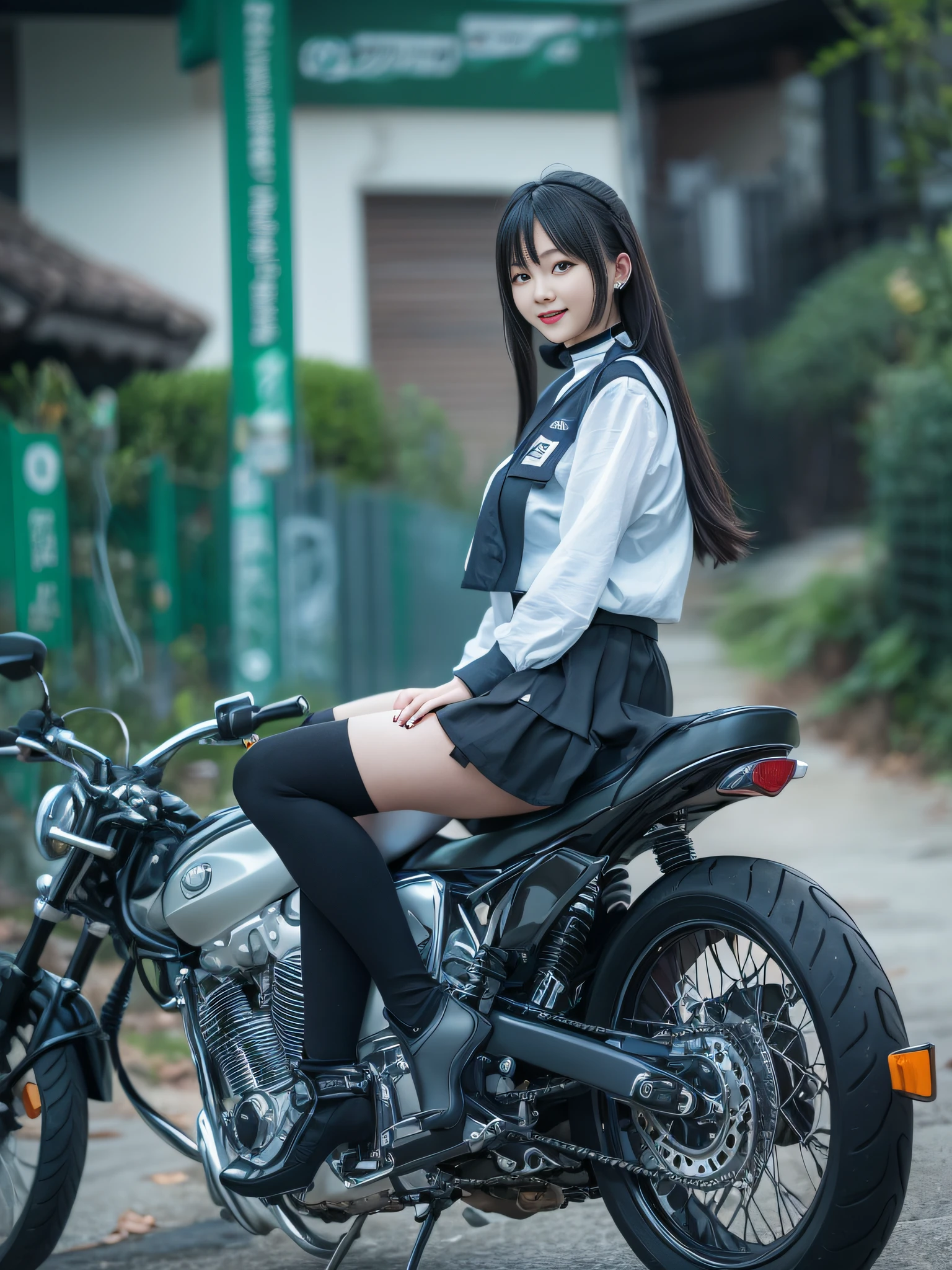 top-quality、超A high resolution、1人、Light blue sailor suit、a miniskirt,(huge-breasted:1.2)、Black boots, riding on motorcycle, long black hair,poneyTail, Photo, Residential area,Live Action,japanes,独奏,Beautiful expression,Wearing black tights,beautiful smiling face,perfect body type,Black choker,Live Action,No logo,No letters,Wearing black stockings