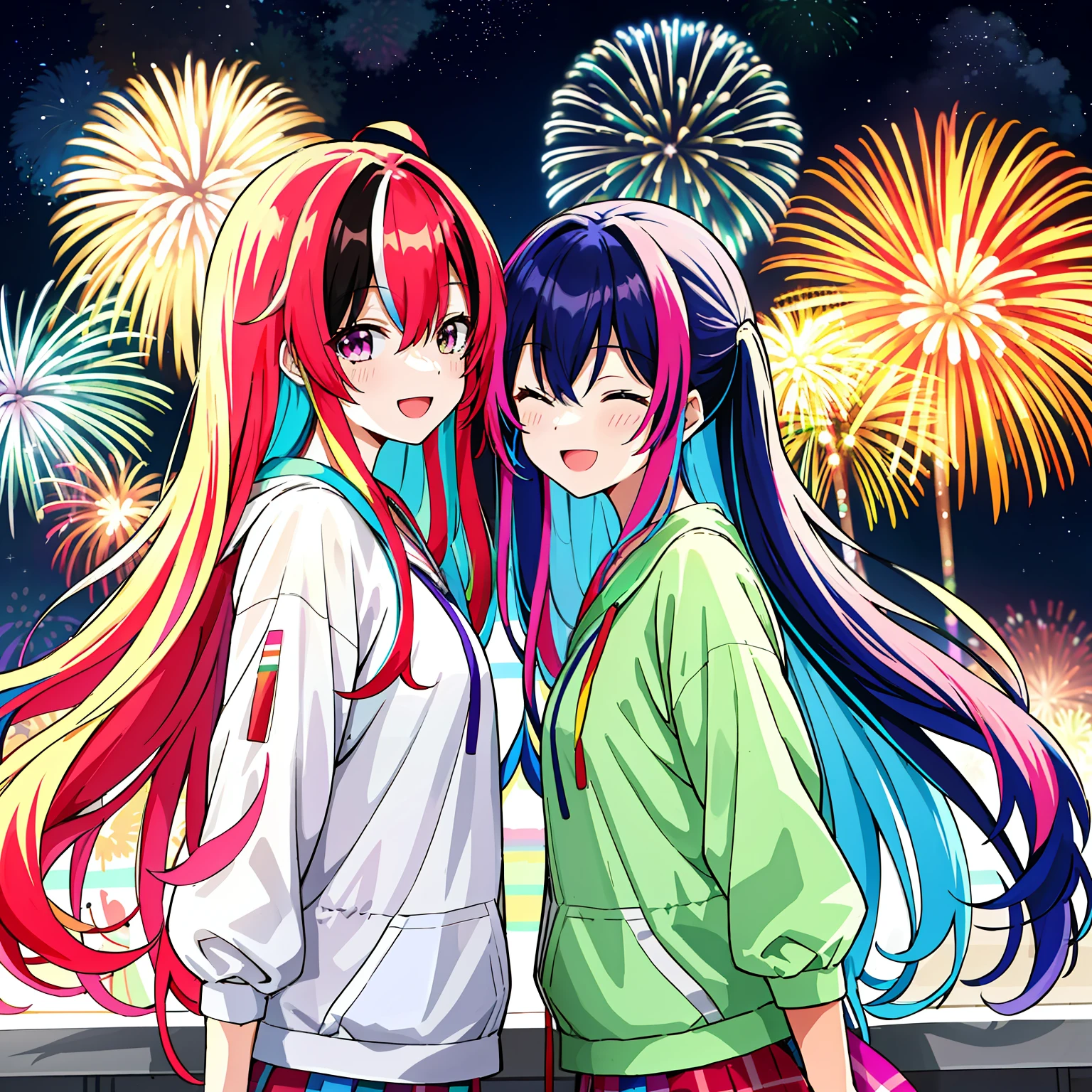 超A high resolution, nffsw, Best aesthetic, Best Quality, masutepiece, a couple,1人の女性, 1 male, The best smile, Smile and close your eyes, Very big mouth smile, rainbow hair, multicolored hair, rainbow eyes, Stalls and fireworks background