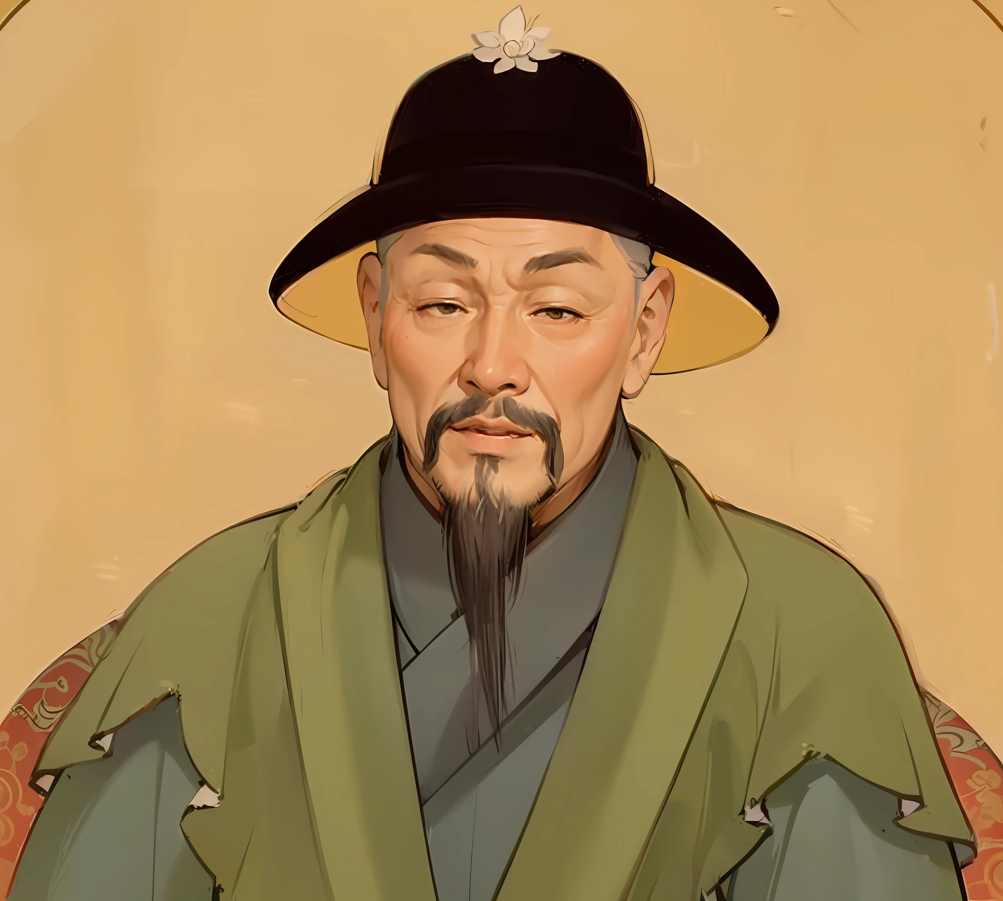 Close-up of a drawing of a man in a hat, by Xuande Emperor, zhang daqian, Song Dynasty, song nan li, inspired by Xuande Emperor, painting of a man, style of guo hua, inspired by Zhang Shunzi, guangjian huang, feng shu, mongol, Ming dynasty, xiaoguang sun