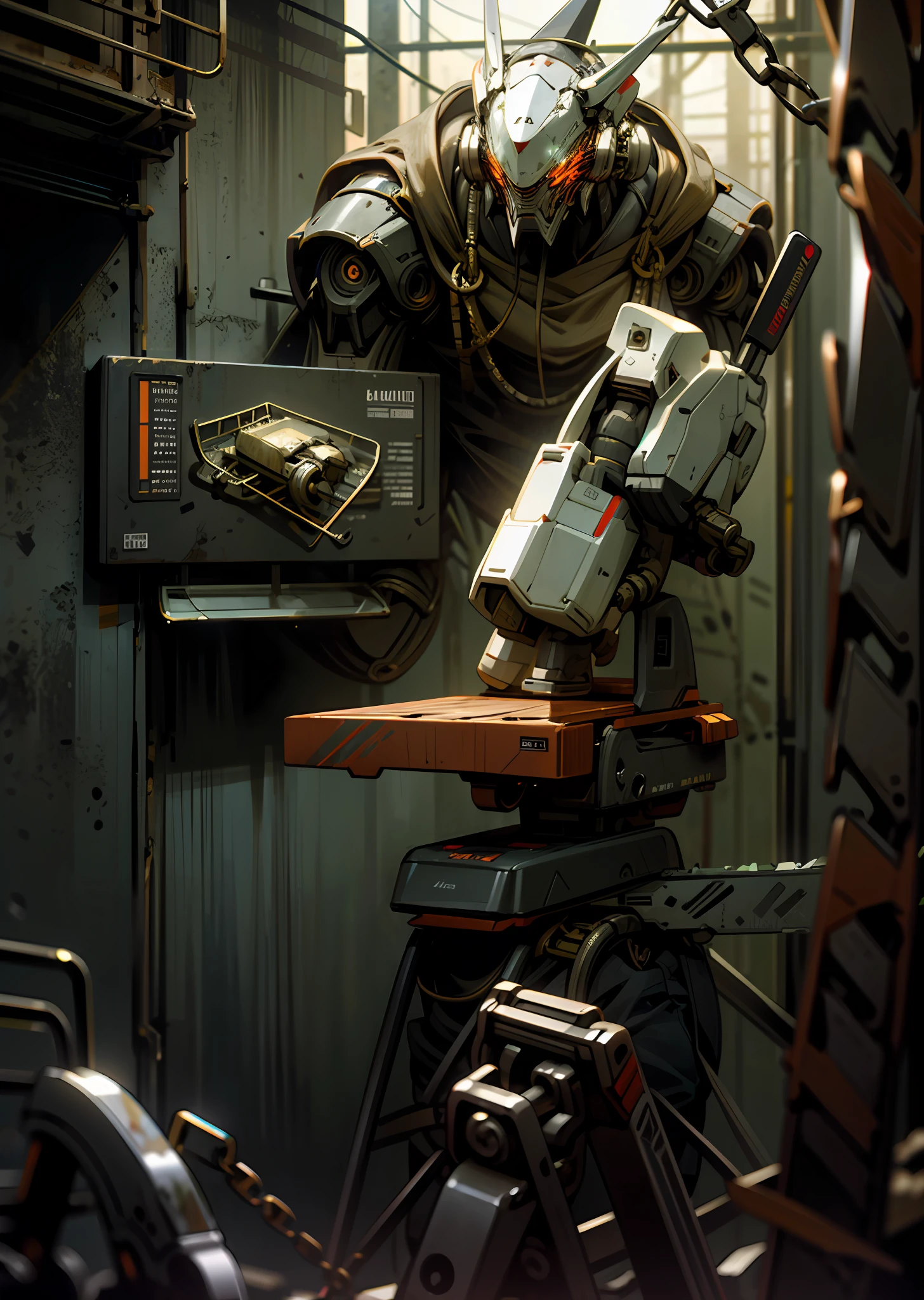 Dark_Fantasy,Cyberpunk,(chain saw,chain saw man,Red:1.1),1man,Mechanical marvel,Robotic presence,Cybernetic guardian, wearing a worn-out mech suit, intricate, (steel metal [rusty]), elegant, clear focus, shot by greg rutkowski, soft lighting, vibrant colors, masterpiece, ((street)), cowboy shot, dynamic pose,