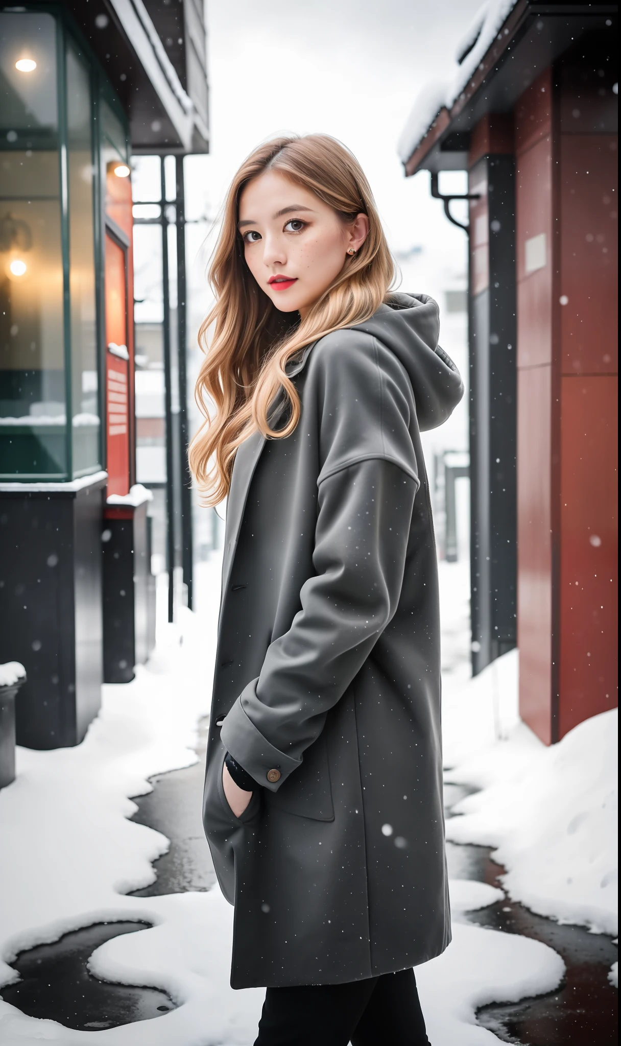 professional portrait photograph of a gorgeous Norwegian girl in winter clothing with long wavy blonde hair, sultry flirty look, (freckles), gorgeous symmetrical face, cute natural makeup, wearing elegant warm winter fashion clothing, ((standing outside in snowy city street)), stunning modern urban environment, ultra realistic, concept art, elegant, highly detailed, intricate, sharp focus, depth of field, f/1. 8, 85mm, medium shot, mid shot, (((professionally color graded))), bright soft diffused light, (volumetric fog), trending on instagram, hdr 4k, 8k