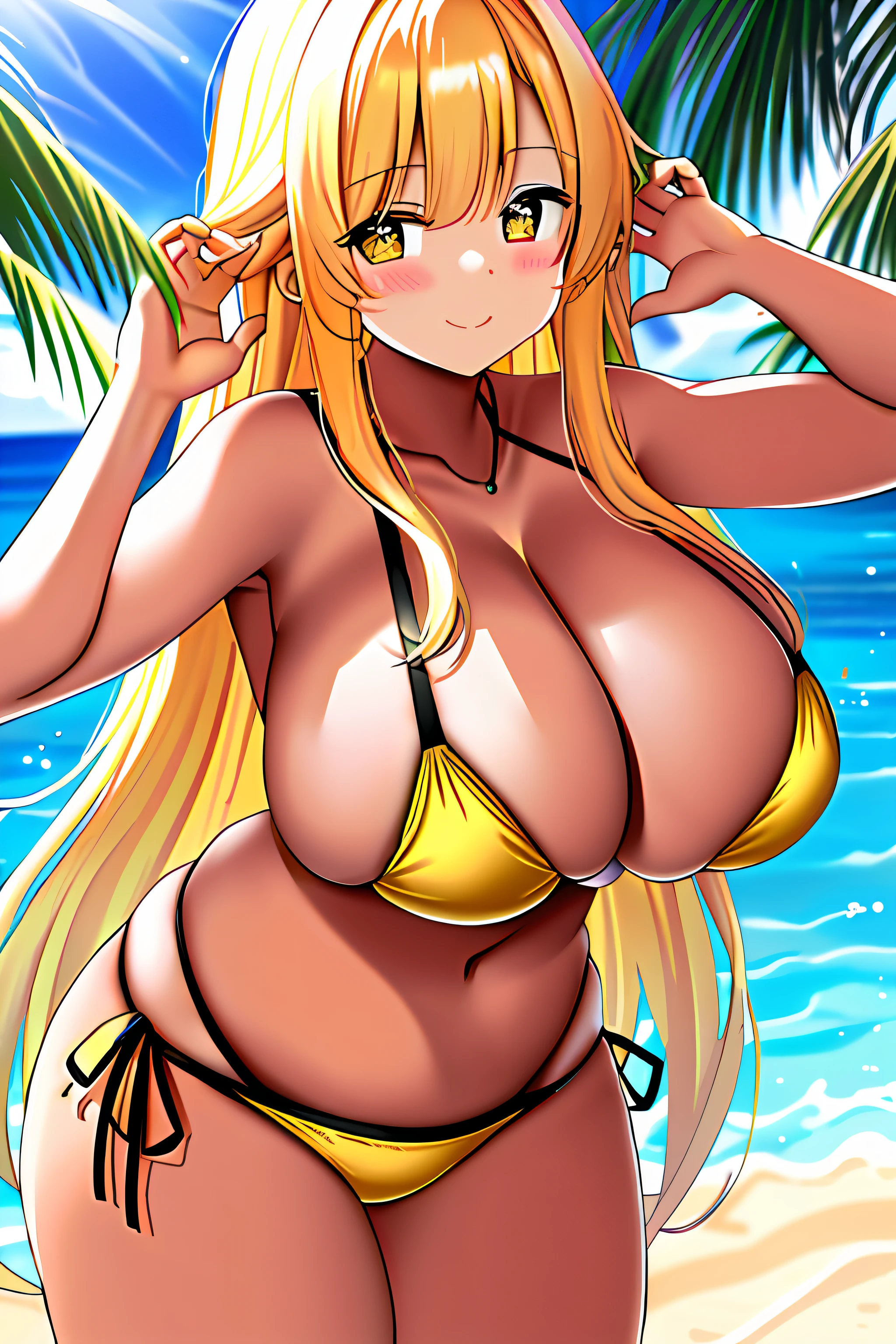(Background with:On a golden sandy beach)tmasterpiece,(expressioness:Affectionate smile), 1girll, a mature female, Best quality at best, (:0.2), (gigantic cleavage breasts:1.0), largeeyes, (curves:0.8), Long blonde hair hanging loosely, Yellow eyes, Yellow bikini,A sexy pose,On the rocks