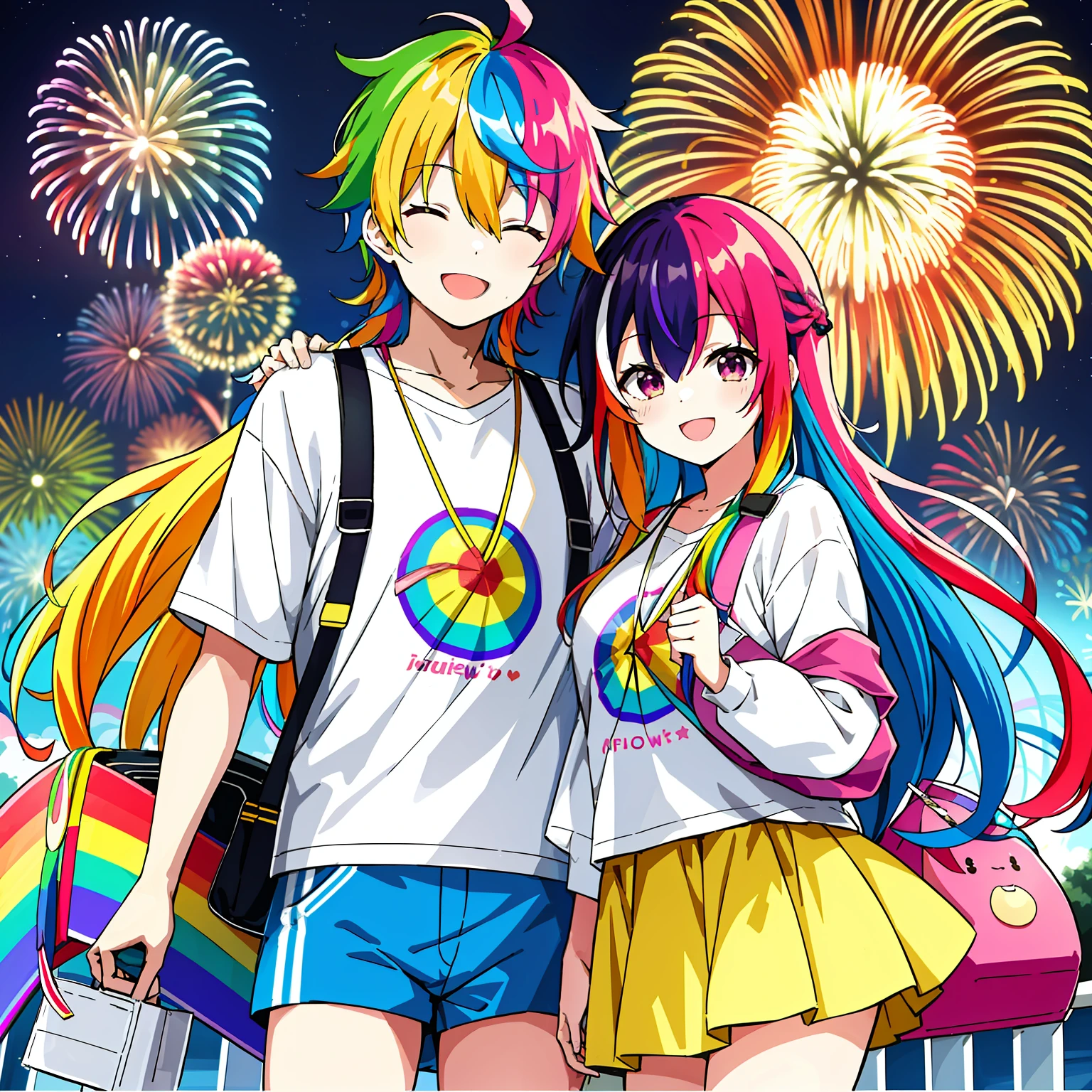 超A high resolution, nffsw, Best aesthetic, Best Quality, masutepiece, a couple,1人の女性, 1 male, The best smile, Smile and close your eyes, Very big mouth smile, rainbow hair, multicolored hair, rainbow eyes, Stalls and fireworks background