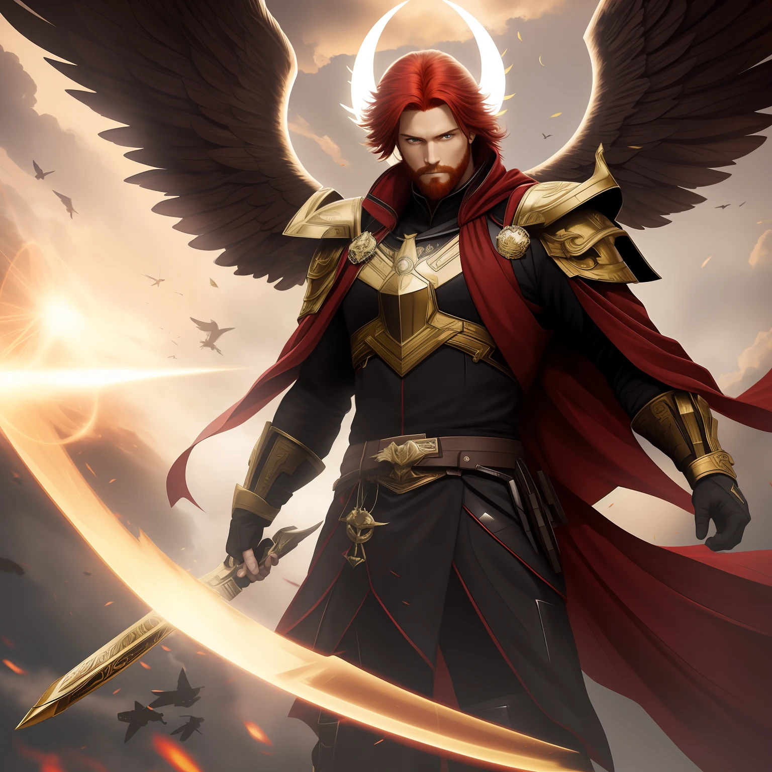 (master part, best quality, ultra-detalhado, extremamente detalhado) A red-haired man with gleaming wings and a halo, vestindo uma armadura reluzente, empunhando espadas poderosas, Mastering the darkness.