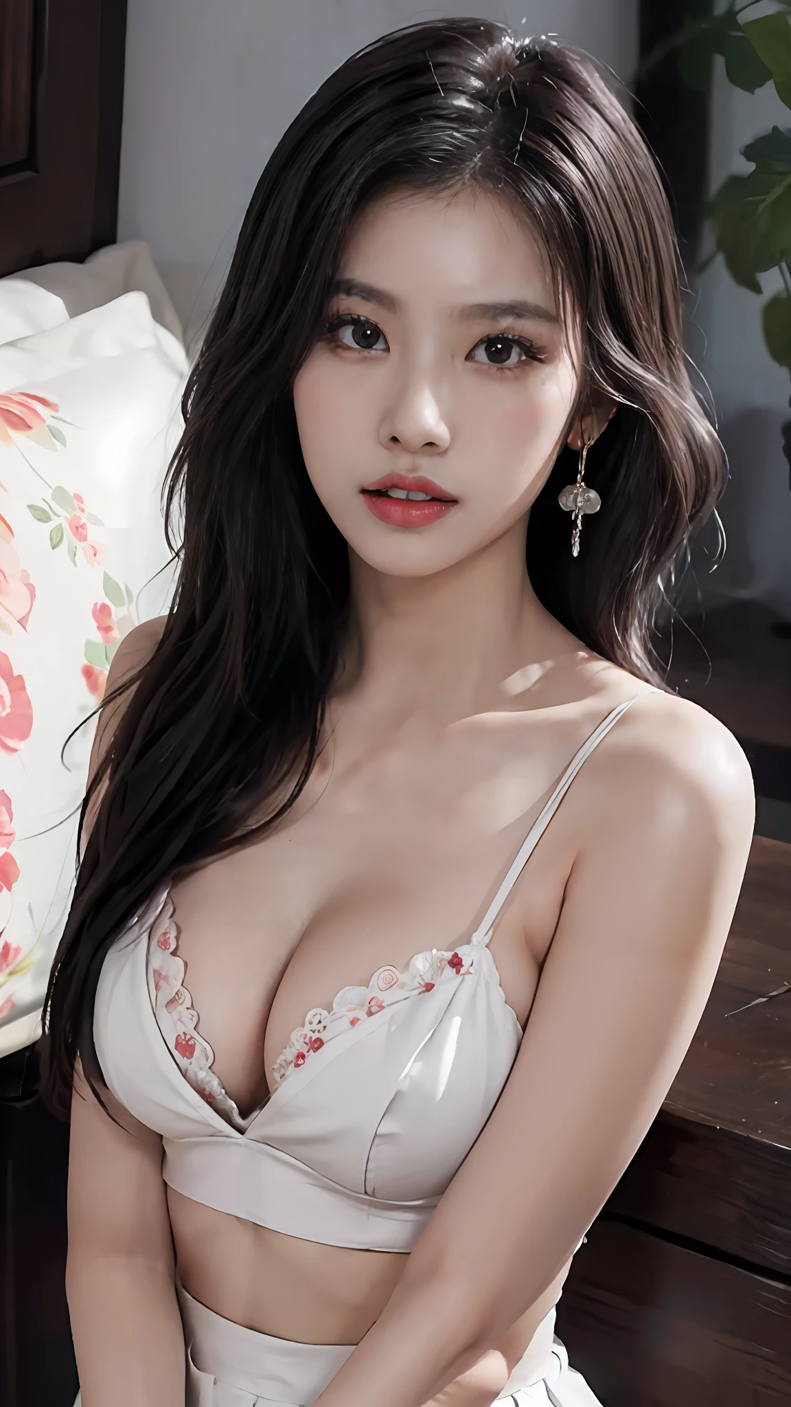 Small head、daylight、daylight、(perfect body:1.ung、)、(short wavy hair、full  body shot、(Girl in a floral camisole,Pleated Skirt)、(extremely detailed CG 8k wallpaper)、(Extremely Delicate and Beautiful)、(A Masterpiece)、(BEST QUALITY:1.0)、(Ultra High Res:1.0)、Beautiful lighting、perfect lightning、Realistic Shadows、 [HI-RES]、Skin details、Super Detailed、(spread leg))、（Slim Body:1.2）、Diamond Earrings、thights、(Shoot Bob Hair)、Thin collarbone、slim body、Soft back、angle from above、perspired、Beautiful Breasts、Blushing、photorealistic、realstic face、Realistic Eyes、small eyes、(colorfull)))(((cleavage between breasts)))、(eye liner)、(mascara)、((spread thighs))、 ((hand on thigh))、(((sticks between the breasts)))