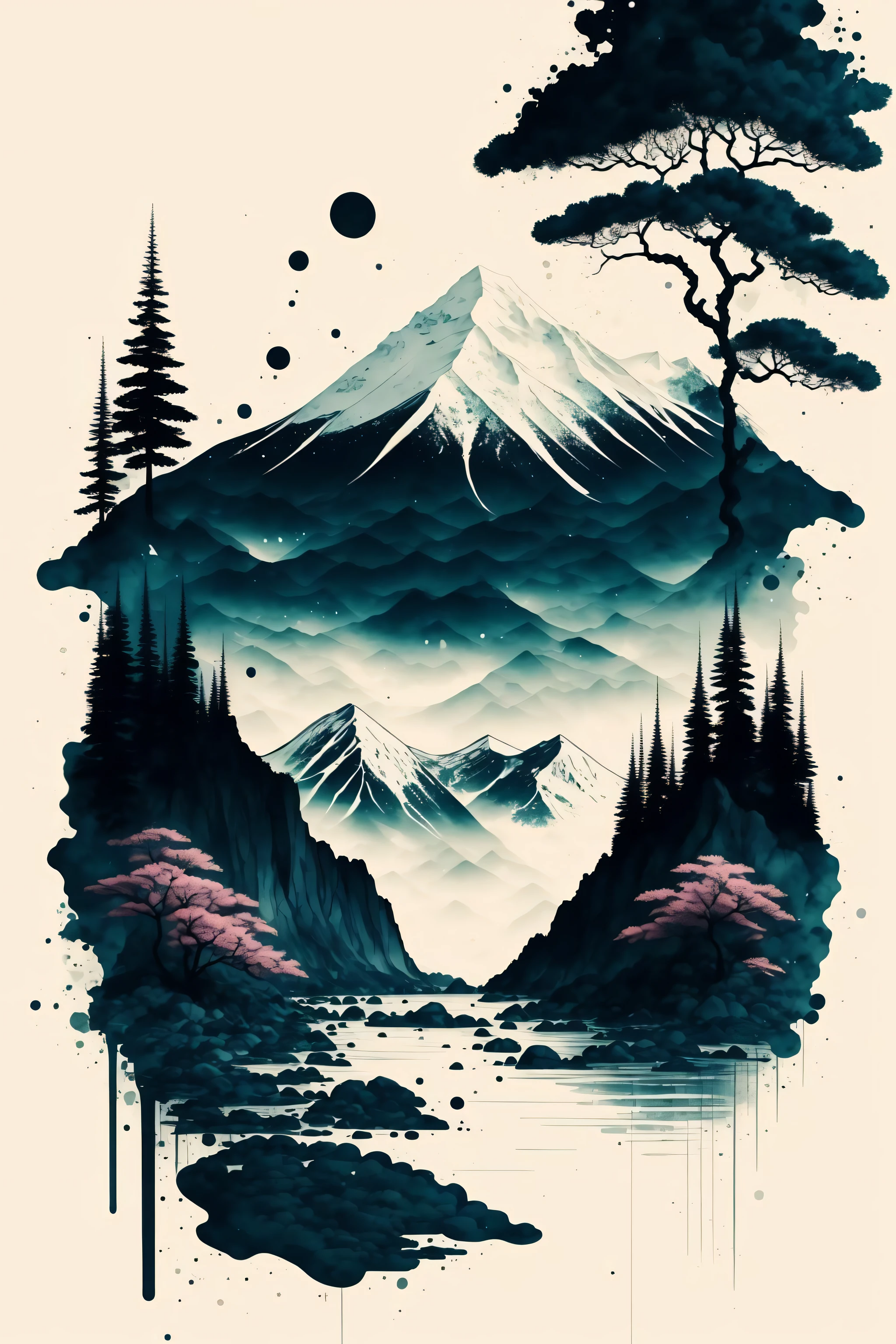 white background, scenery, ink, mountains, water, trees ,