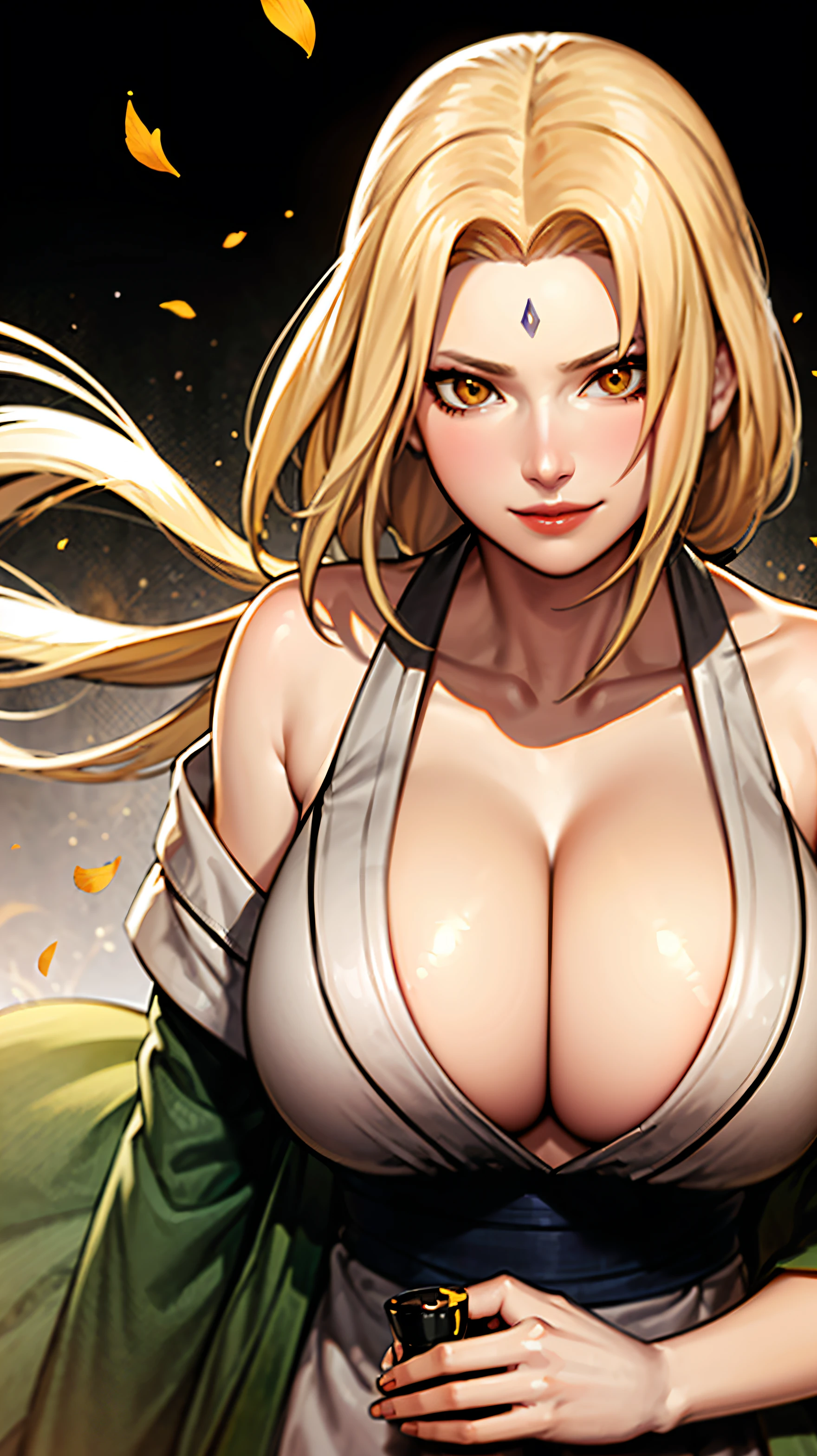 TsunadeNS, tsunade_senju, woman delicate, beautiful fingers, beautiful bright eyes, delicate hands, impossible clothes, taut shirt, thighs, sweet, (best illumination, an extremely delicate and beautiful), (exceptional, best aesthetic, new, newest, extremely detailed, anime:1.2), intricate_detail, official art, finely detailed beautiful face, overexposure, 1girl, solo, huge and saggy breasts, kimono, cleavage, smile, (depth of field), full body, (yellow hair:1.4), lips, alcohol, bottle, sake_bottle, cup, holding, off_shoulder, (masterpiece), (best quality), (ultra-detailed), sharp focus, detailed face, ((perfect anatomy)), long hair, (arm + hand + 1_thumb), Five fingers each, perfect hands, (best shadow), high-resolution illustration, 8k, dark intense shadows, high resolution, (beautiful detailed face), ((high contrast)), ((cinematic light)), high quality anime, anime art style, perfect lighting, (intricate details), colorful, hyper detail, dynamic angle, light around the character, particles, (Behavior: relaxed, carefree, free-spirited), open sky, (highly detailed background:1.0), soft lighting, (very detailed background:1.0), ((landscapedwith beautiful in the background, wind in the forest with many falling leaves and beautiful clouds)), (best possible illustration), water and rivers, mountains and nature, tree and leaves, wind and particles