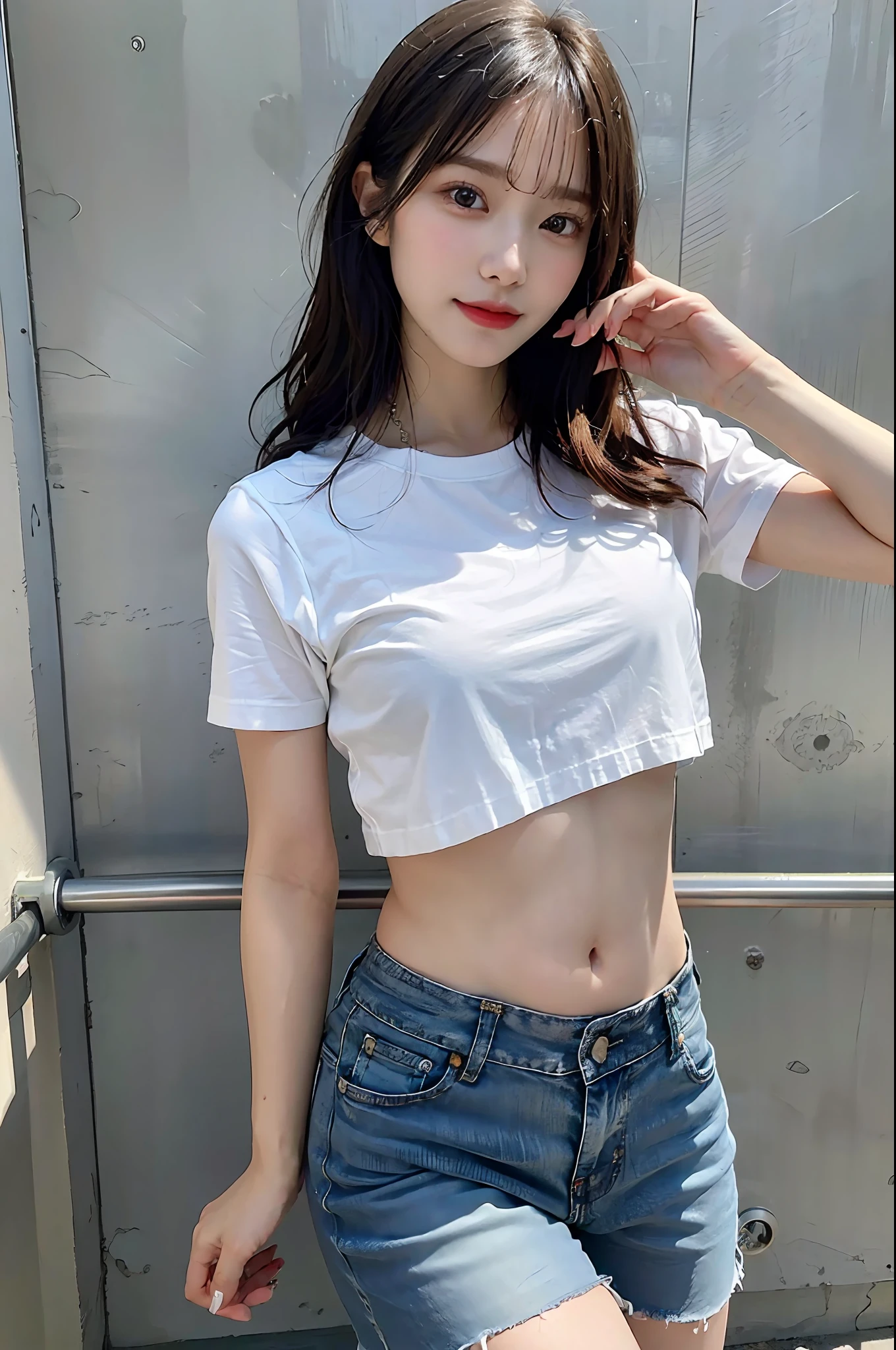 Best Quality, Masterpiece, Ultra High Resolution, (Realistic: 1.4), Original Photo, Official Art, Wallpaper, Bust Photo, Skin, Simple Background, Black Eyes, Details, Fingers, 1 Girl,,White Shirt,Belly Navel,Ragged Jean Shorts,Breeze,Sunlight,Water Mist,Studio light,
