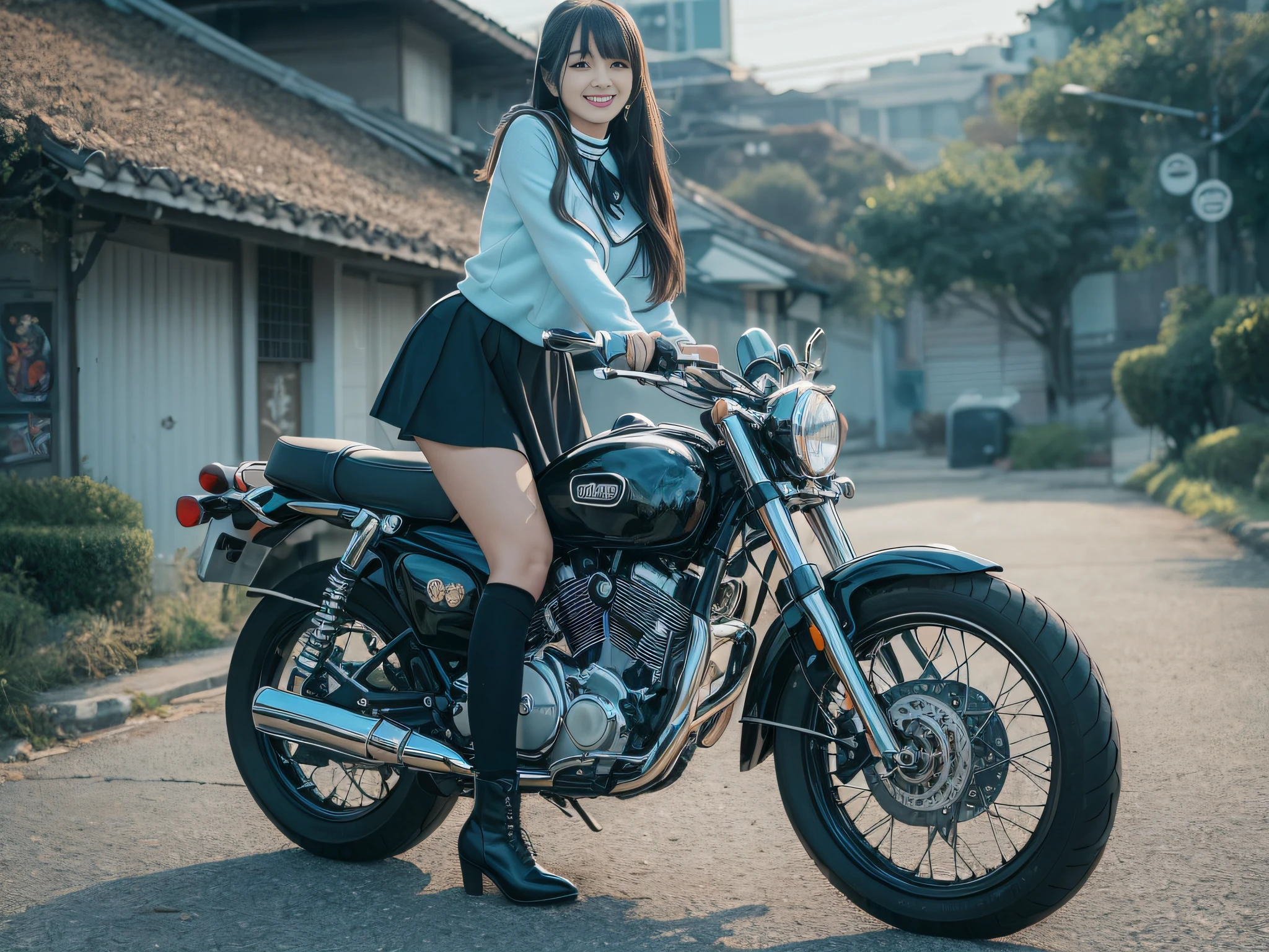 top-quality、超A high resolution、女の子1人、Light blue sailor suit、a miniskirt,(huge-breasted:1.2)、Black boots, riding on motorcycle, long black hair,poneyTail, Photo, Residential area,Live Action,japanes,独奏,Beautiful expression,Wearing black tights,beautiful smiling face,perfect body type,Black choker,Live Action,No logo,No letters,Wearing black stockings,Black pantyhose