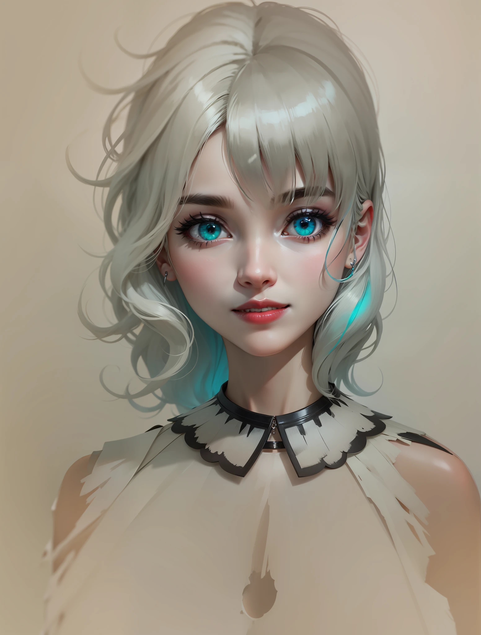 Bright white color hair,Red-lip thinning,eBlue eyes,White color blouse,ssmile,The background is the turquoise sea