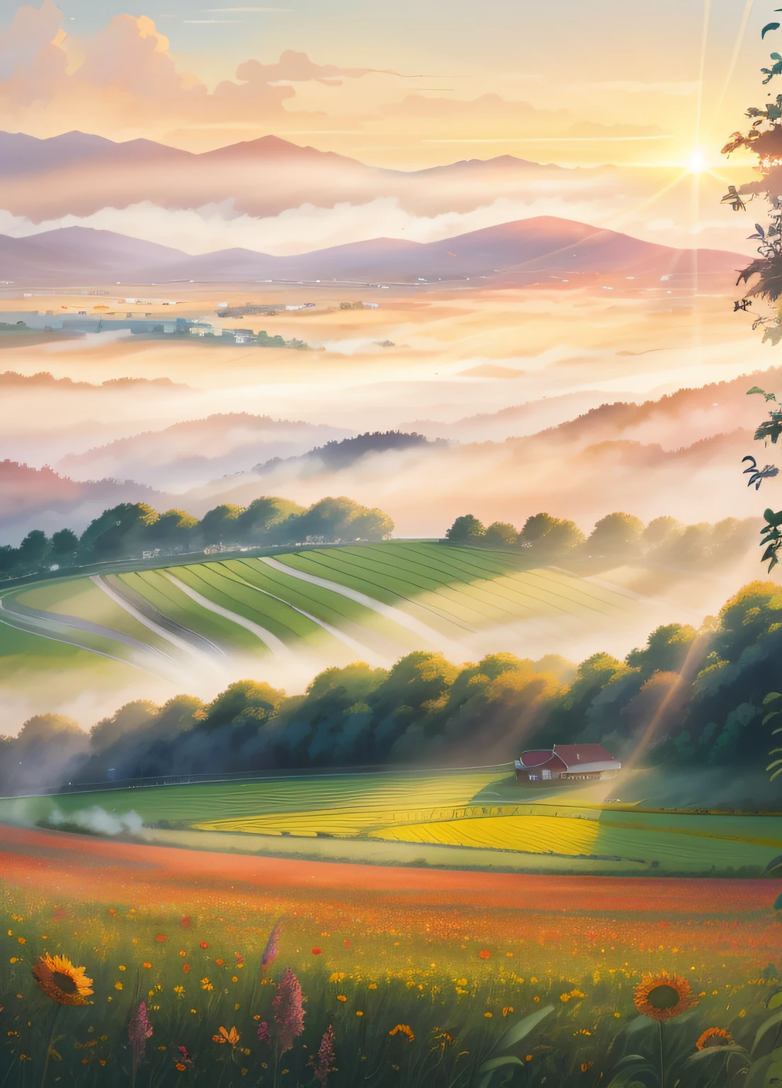 Early morning fireworks on the fields in the early morning,A morning mist blooms like fireworks,The hot summer sun gently passes through the clouds,Illuminating the hazy scene。The flowers and greenery in the picture are bathed in a warm glow,Bring people a sense of tranquility and warmth。