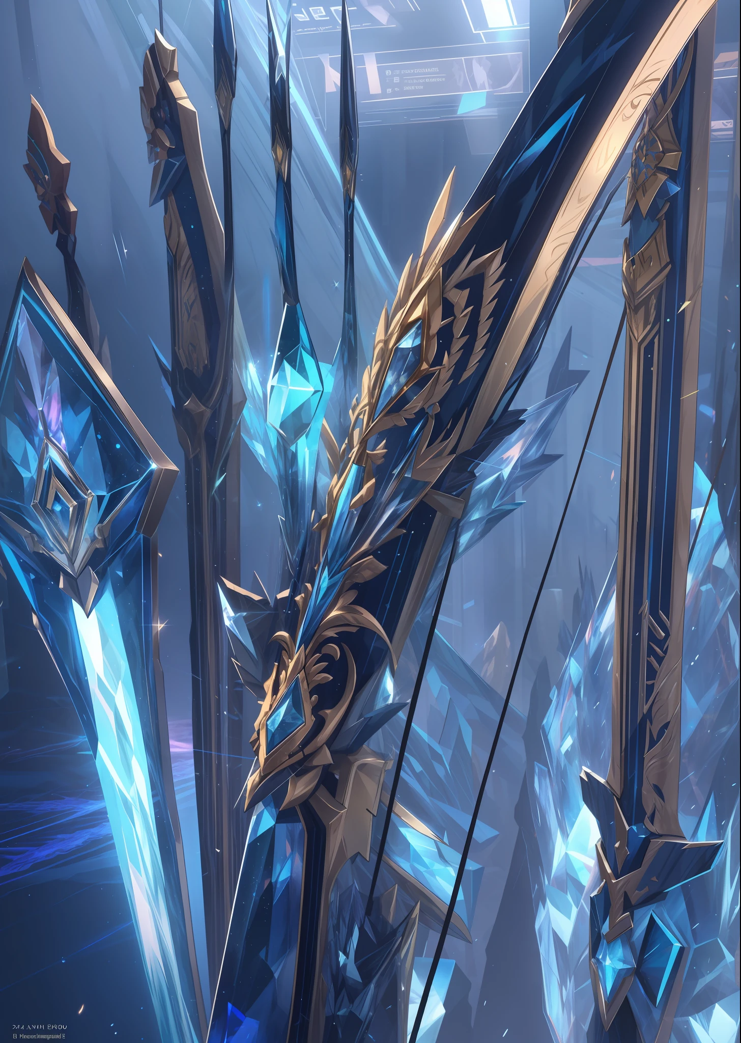 arma, A longbow, bow and arrows, No Man, opulent, Crystal texture, Energizing, blue colors, estilo fantasia, Weapons exhibition, Weapons design, anime, sparkle, cinematic lighting, first-person view, masterpiece, high quality, high details, best quality