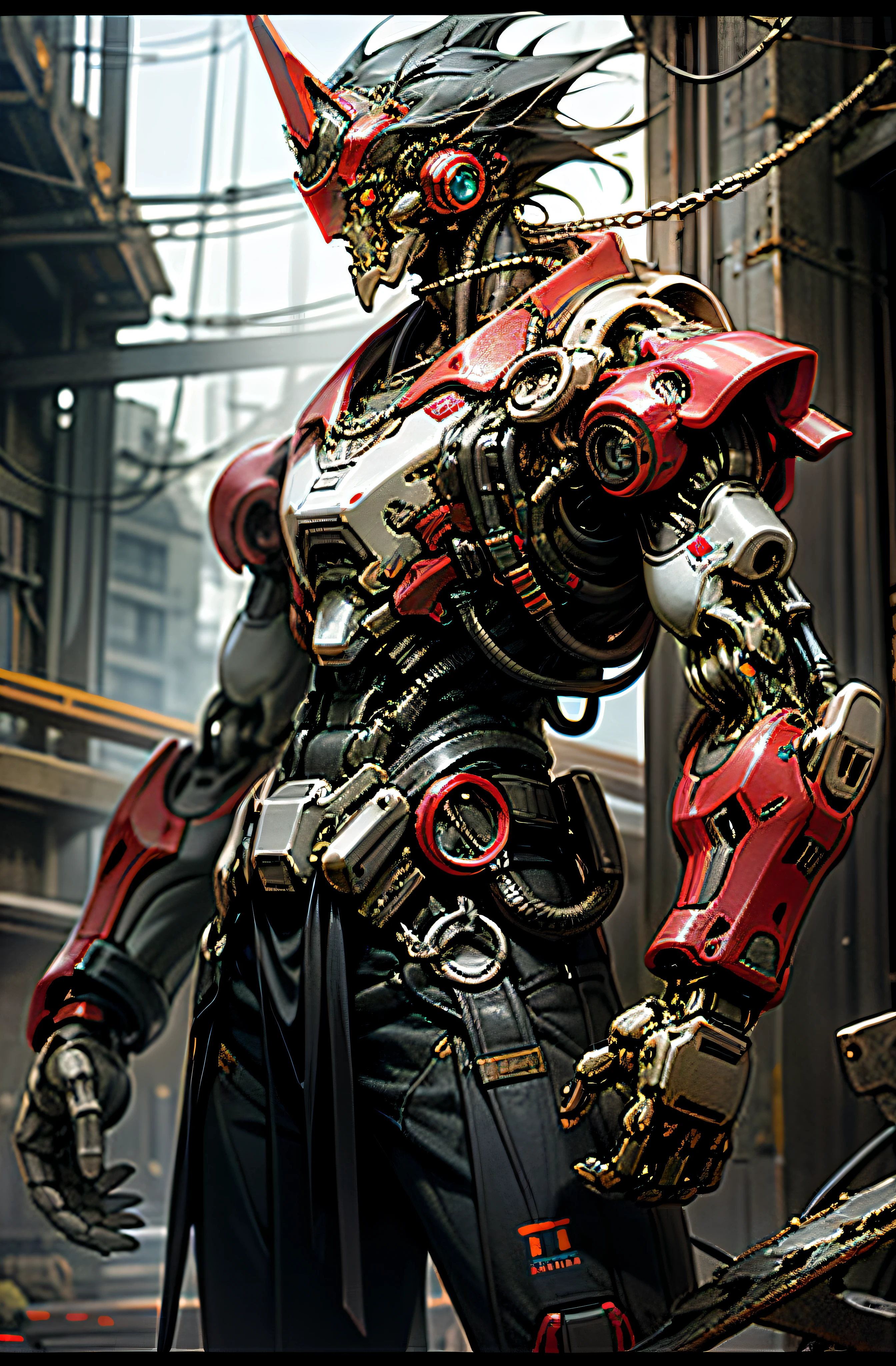 Dark_Fantasy,Cyberpunk,(chain saw,chain saw man,Red:1.1),1man,Mechanical marvel,Robotic presence,Cybernetic guardian,