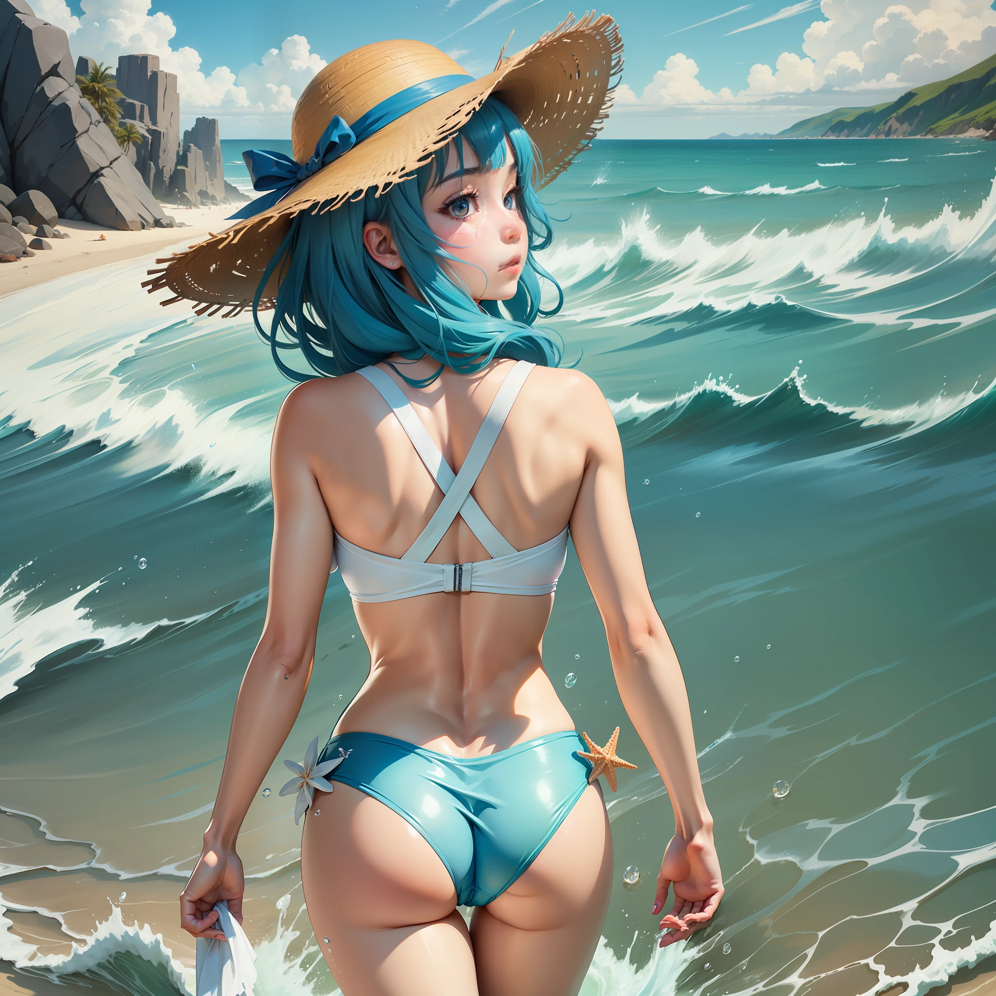A young girl strolls by the sea，Under the bright sun，The girl looked back into the camera（The girl is blue-haired，Wearing a straw hat，Wearing a white swimsuit，There are shells attached to the beach、Starfish and crabs，blue open sky）