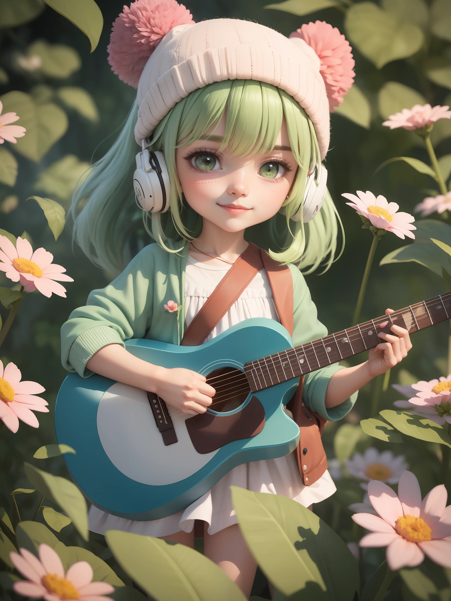 Homem, (obra-prima),(melhor qualidade),(ultra-detalhado), (corpo inteiro: 1.2), 1girl,chibi,fofo, sorriso, boca aberta, flor, ao ar livre, playing the guitar, music, holding guitar, jaqueta, blush , tree, :3, camisa, cabelo curto, flores de cerejeira, headwear verde, blurry, cabelo castanho, adesivos de blush, mangas compridas, franja, fones de ouvido, cabelo preto, flor rosa, (rosto bonito e detalhado), (lindos olhos detalhados),